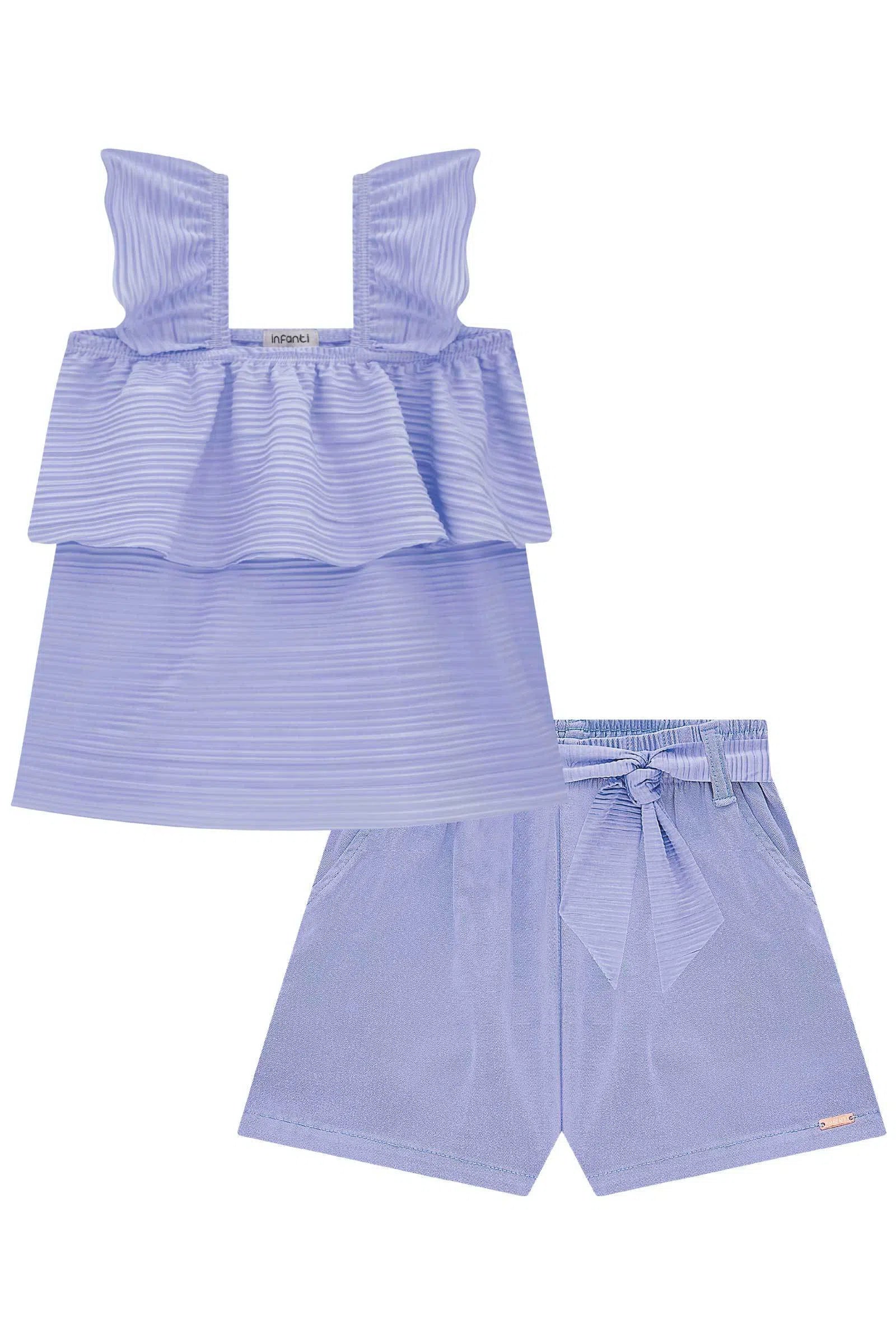 Conjunto de Blusa Bata em Malha Plissada Acetinada e Shorts em Sarja Ônix com Elastano 77601 Infanti