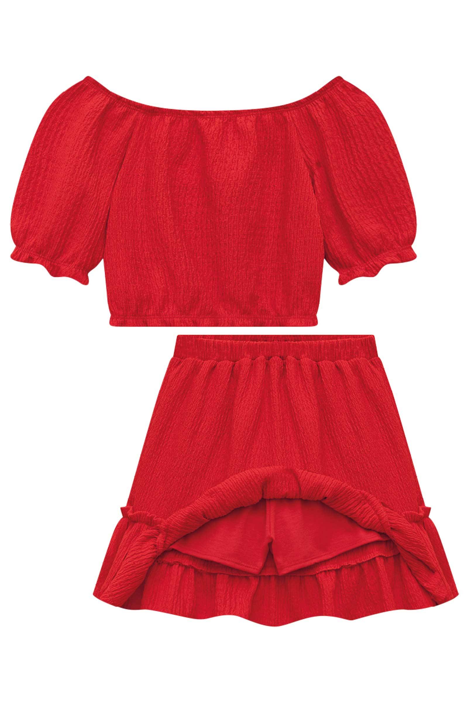 Conjunto de Blusa Boxy e Saia em Malha Capri com Shorts Embutido. Acompanha Arco. 75315 Infanti