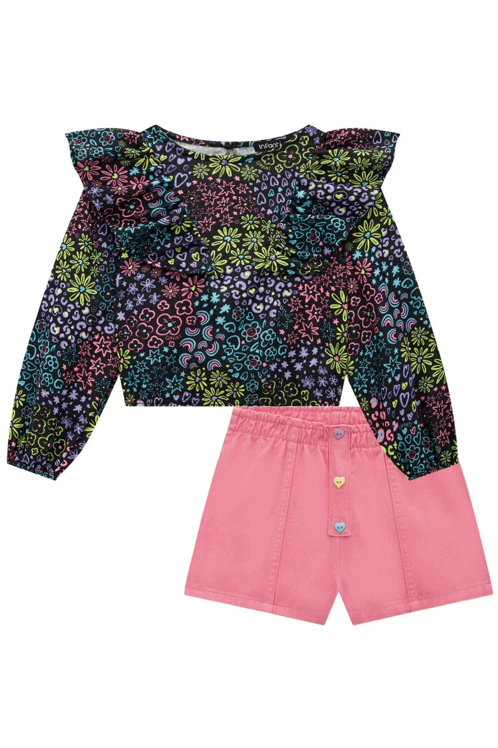 Conjunto de Blusa Boxy em Air Flow e Shorts em Sarja Pita 70613 Infanti