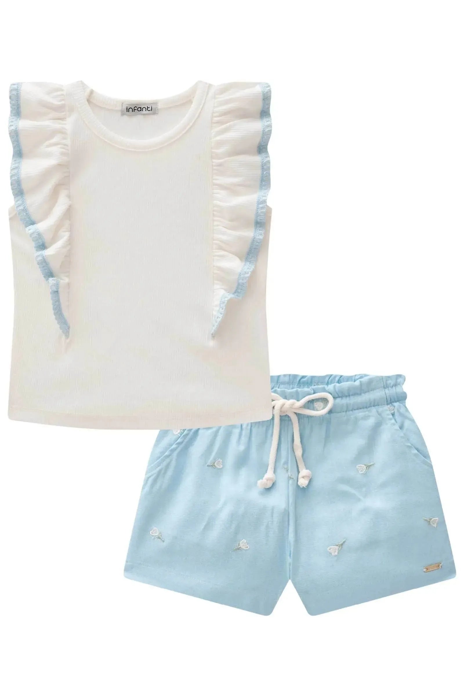 Conjunto de Blusa Boxy em Canelado e Shorts em Linho Bordado Flores 84320 Infanti Infantil Menina