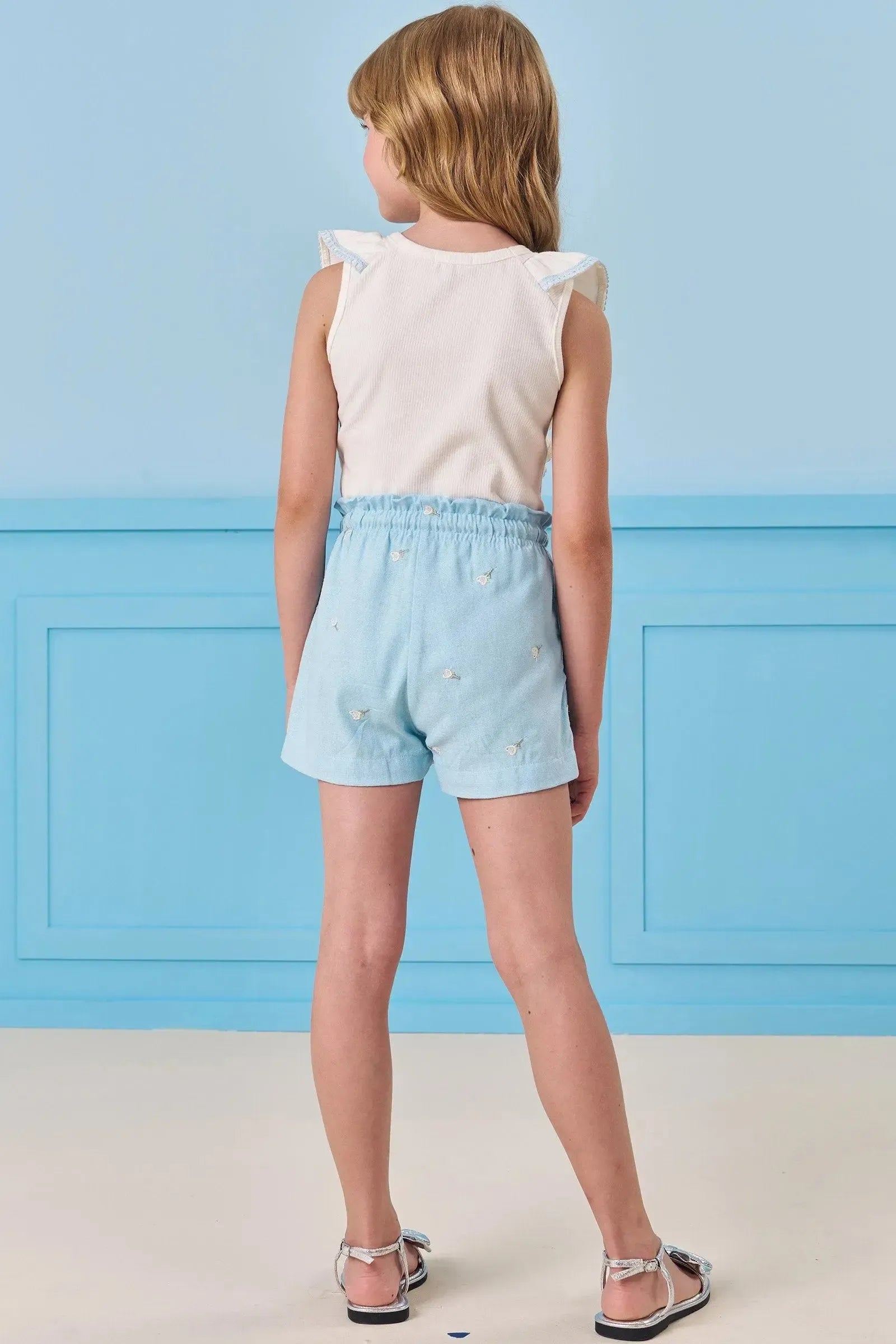 Conjunto de Blusa Boxy em Canelado e Shorts em Linho Bordado Flores 84320 Infanti Infantil Menina