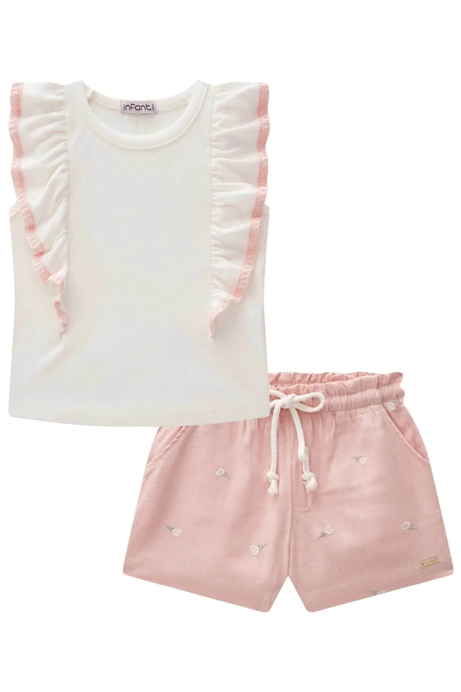 Conjunto de Blusa Boxy em Canelado e Shorts em Linho Bordado Flores 84320 Infanti Infantil Menina