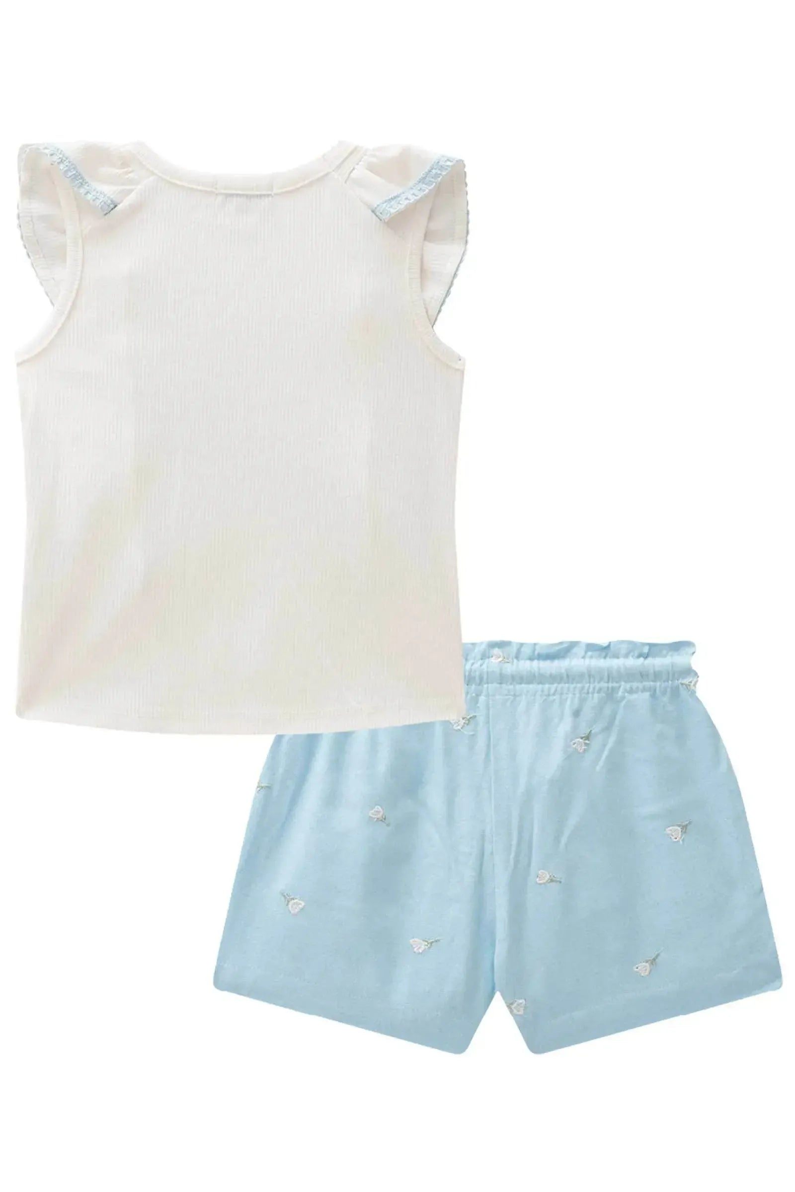 Conjunto de Blusa Boxy em Canelado e Shorts em Linho Bordado Flores 84320 Infanti Infantil Menina