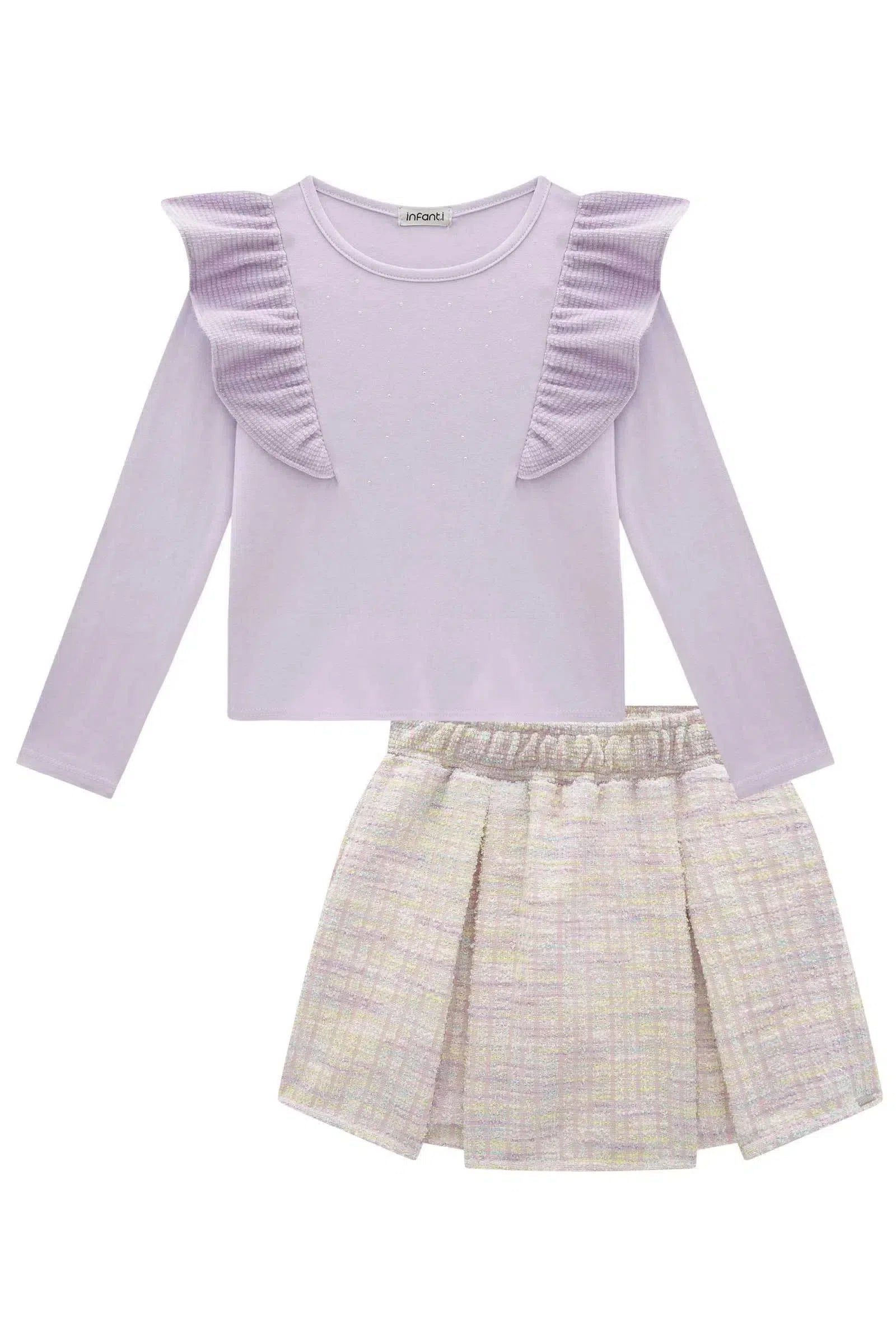 Conjunto de Blusa Boxy em Cotton e Saia em Malha Tweed Firenzi. Com Shorts Embutido 80651 Infanti Infantil Menina