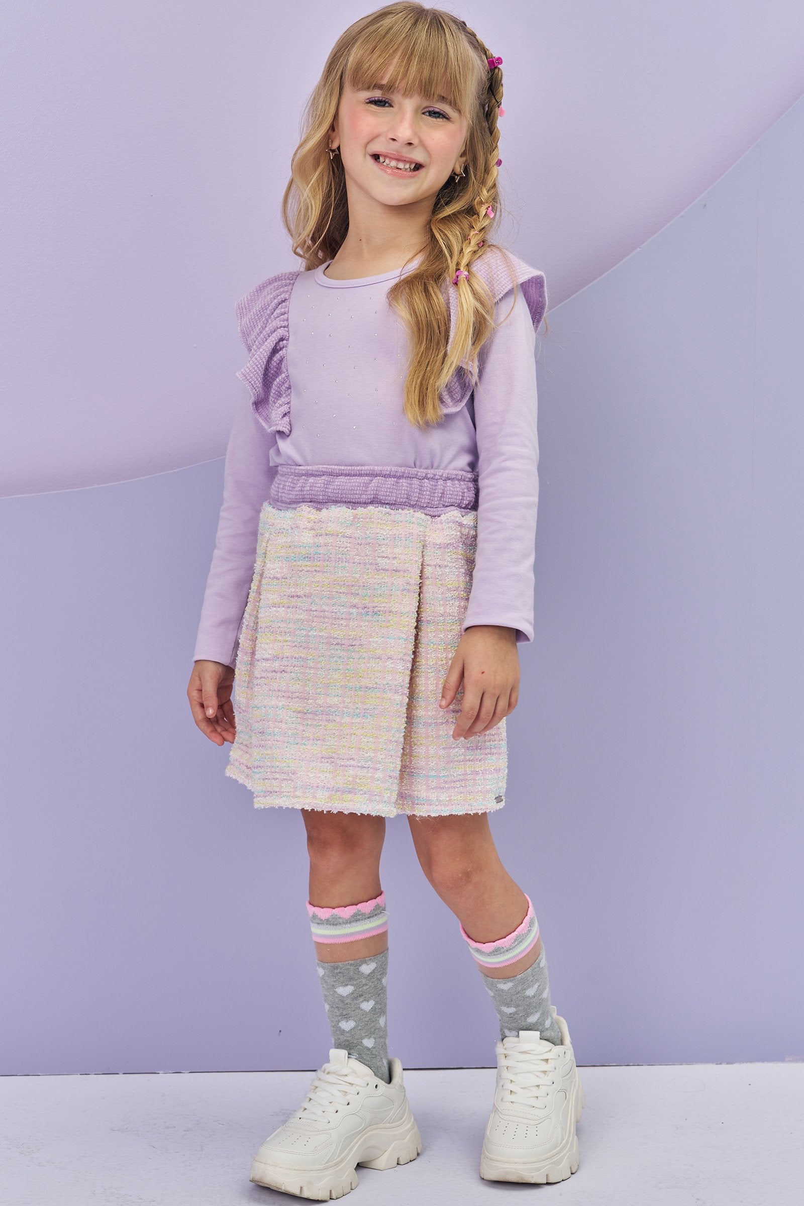 Conjunto de Blusa Boxy em Cotton e Saia em Malha Tweed Firenzi. Com Shorts Embutido 80651 Infanti Infantil Menina