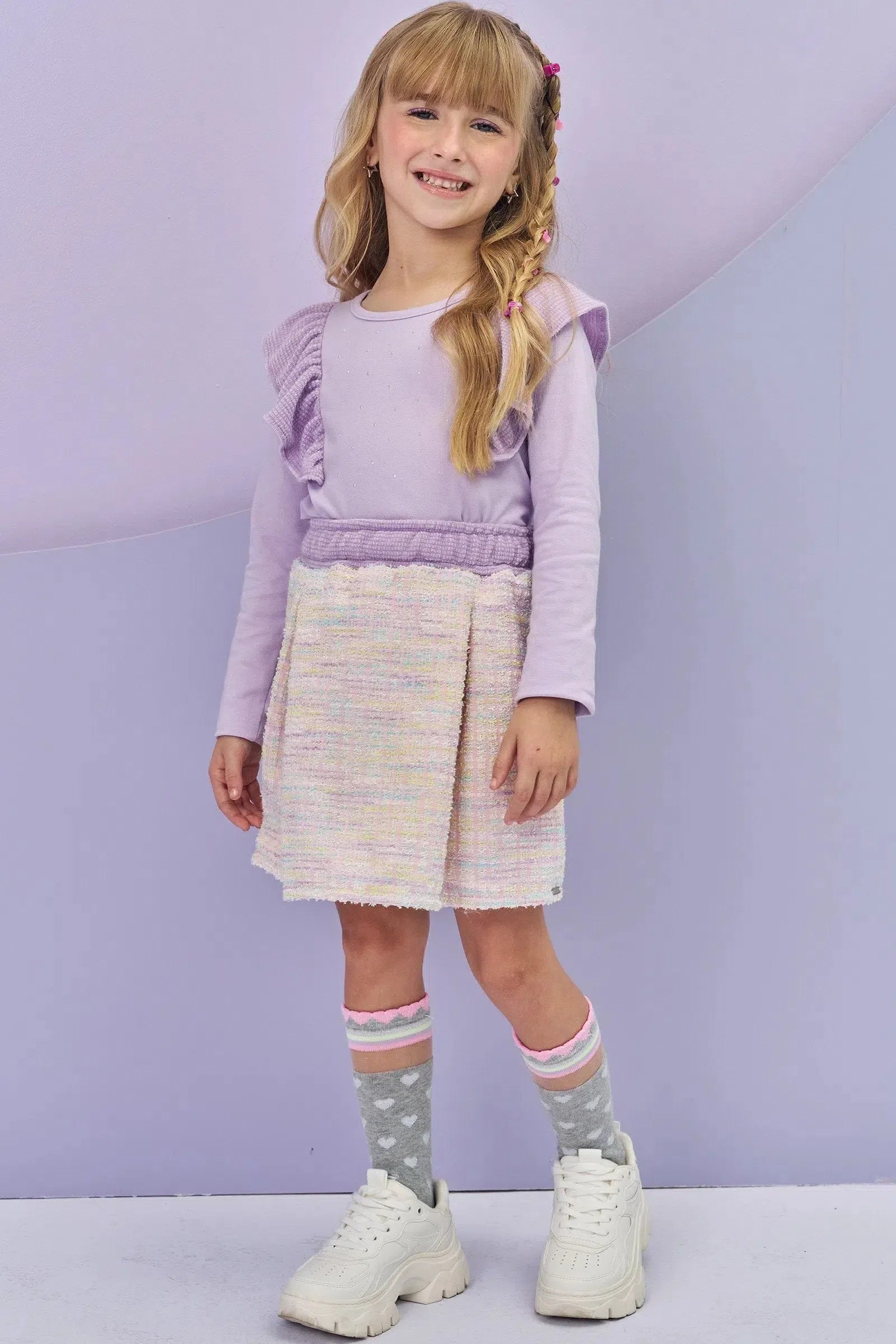 Conjunto de Blusa Boxy em Cotton e Saia em Malha Tweed Firenzi. Com Shorts Embutido 80651 Infanti Infantil Menina