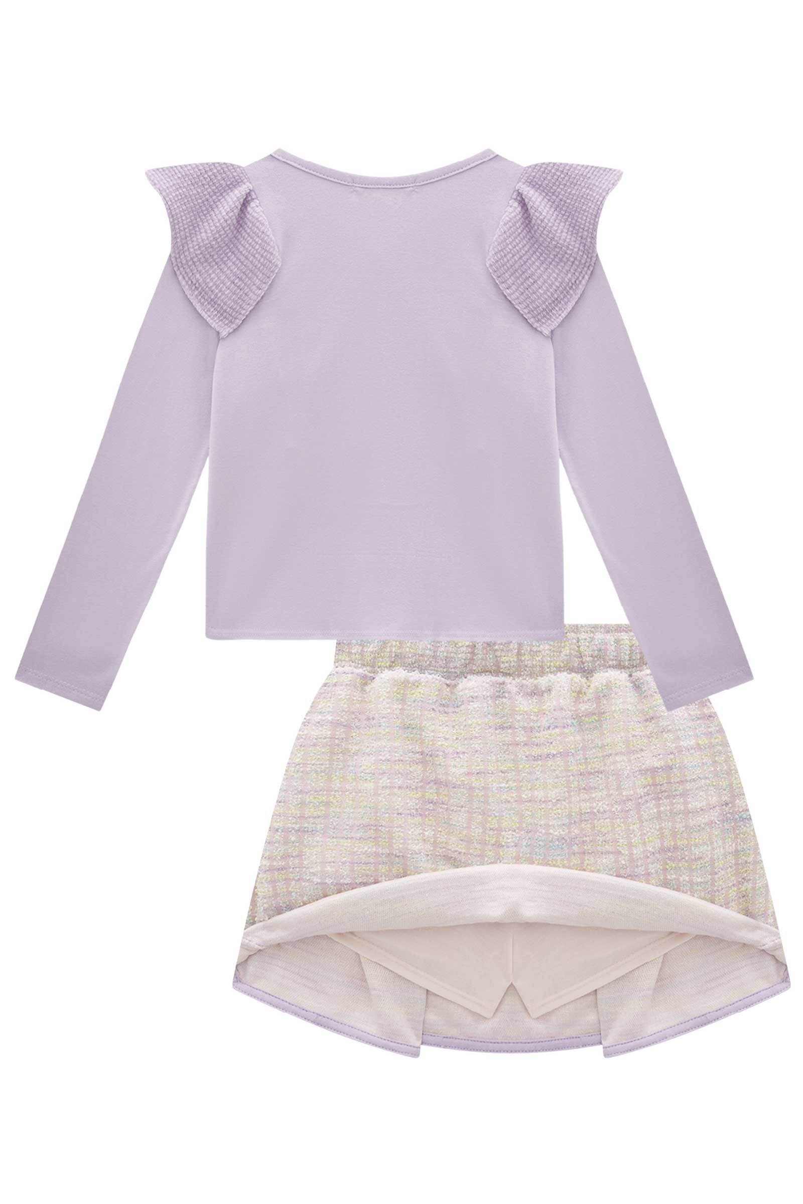 Conjunto de Blusa Boxy em Cotton e Saia em Malha Tweed Firenzi. Com Shorts Embutido 80651 Infanti Infantil Menina