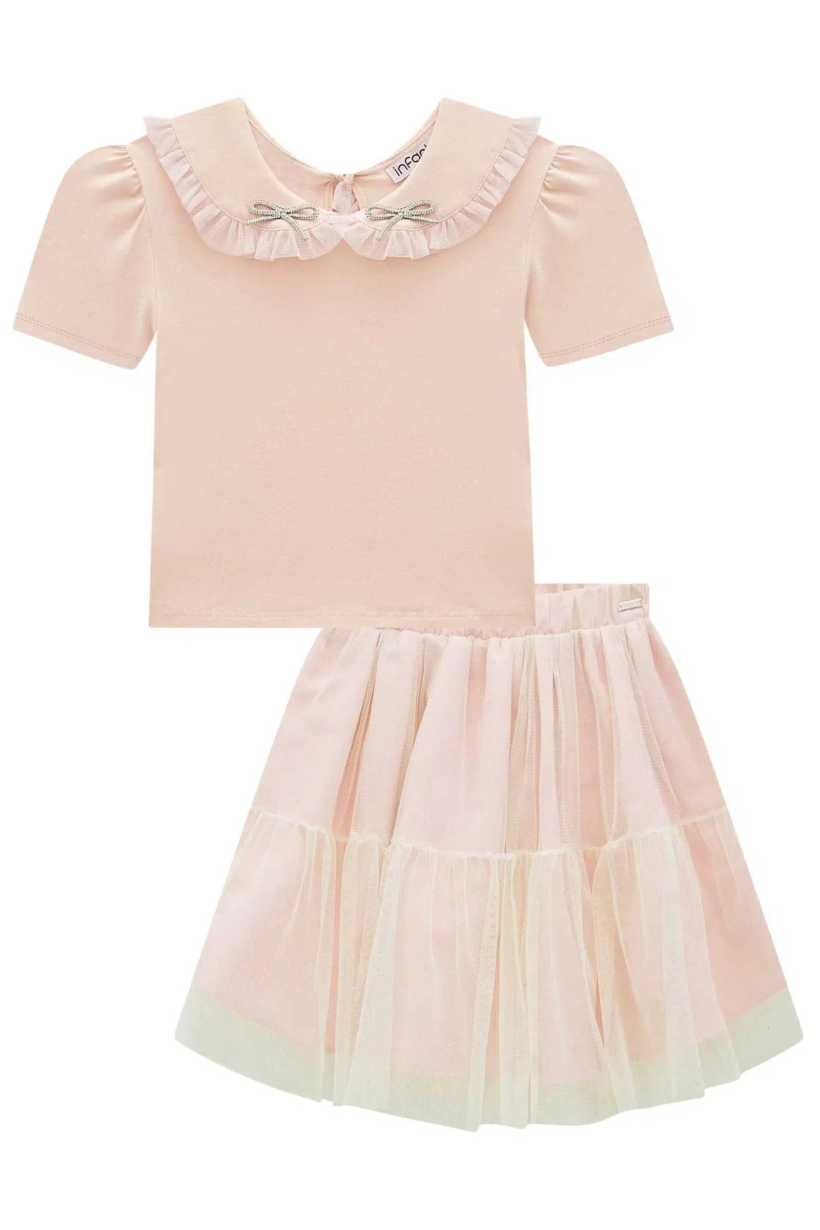 Conjunto Infantil de Blusa Boxy em Cotton e Saia em Tule. Com Shorts Embutido 82223 Infanti