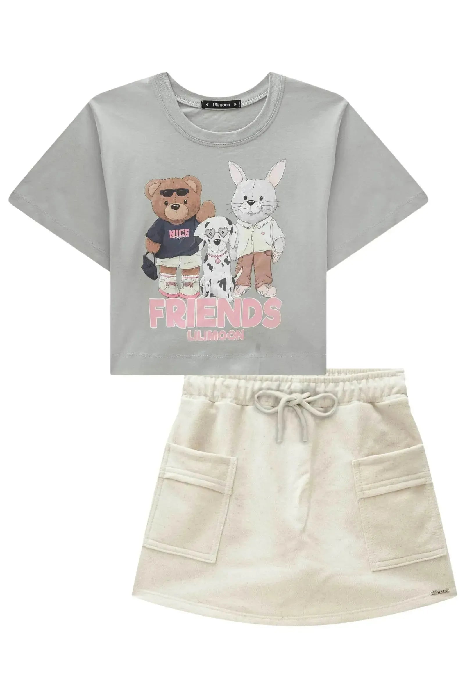 Conjunto de Blusa Boxy em Cotton e Short Saia em Moletom sem Pelúcia 84467 Lilimoon Teen Menina