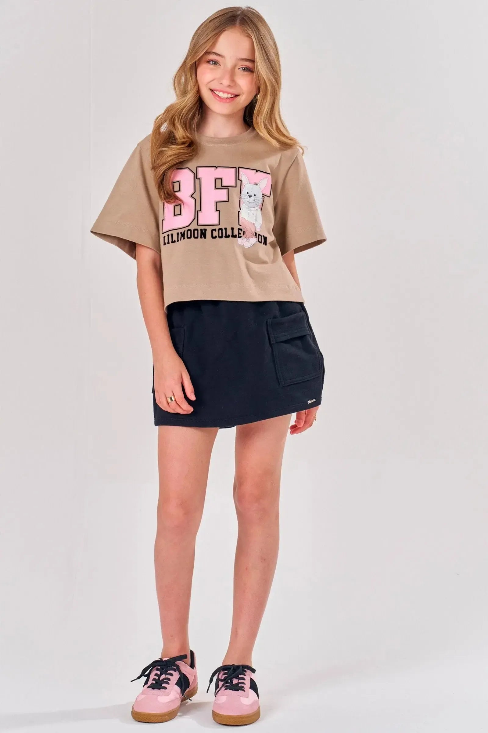 Conjunto de Blusa Boxy em Cotton e Short Saia em Moletom sem Pelúcia 84467 Lilimoon Teen Menina