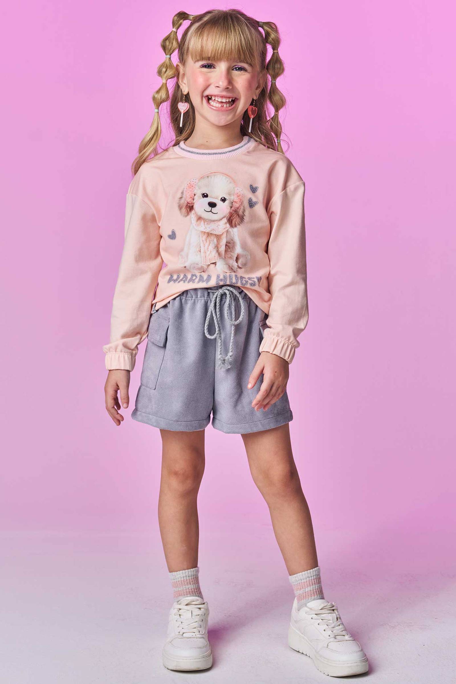 Conjunto de Blusa Boxy em Cotton e Shorts em Suede Sarjado 80656 Infanti Infantil Menina