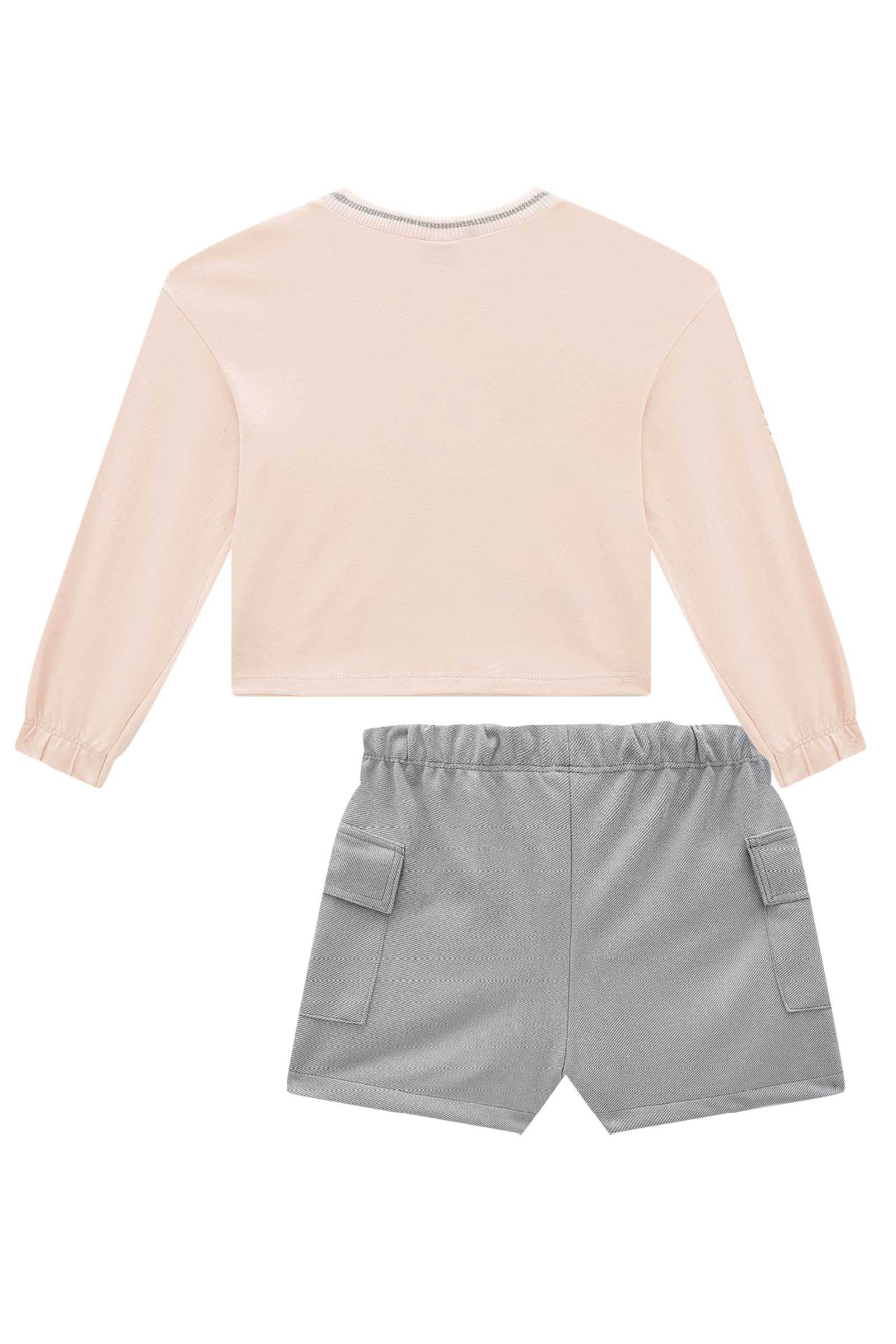 Conjunto de Blusa Boxy em Cotton e Shorts em Suede Sarjado 80656 Infanti Infantil Menina