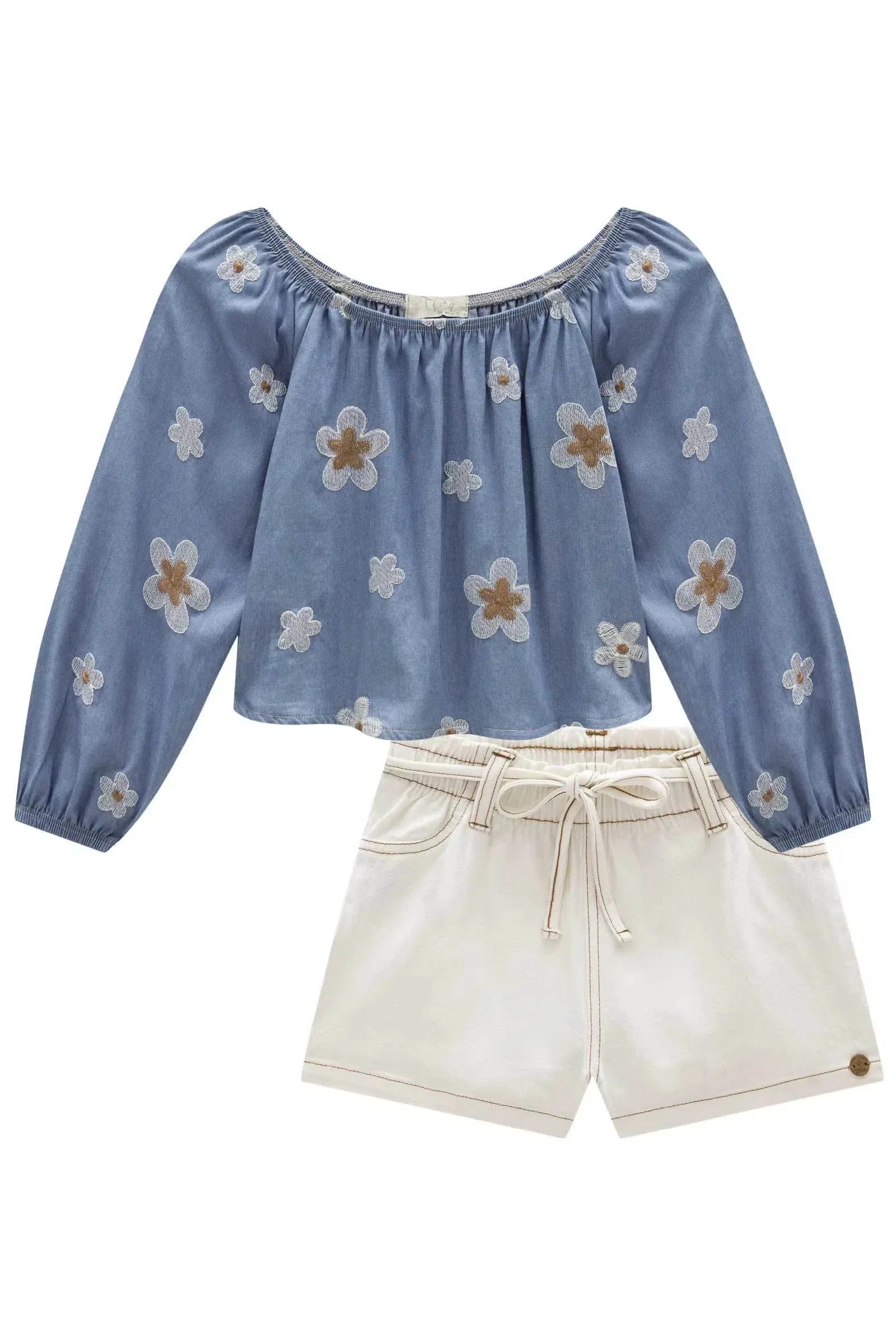 Conjunto de Blusa Boxy em Denim Bordado e Shorts em Sarja com Elastano 79199 Infanti Infantil Menina