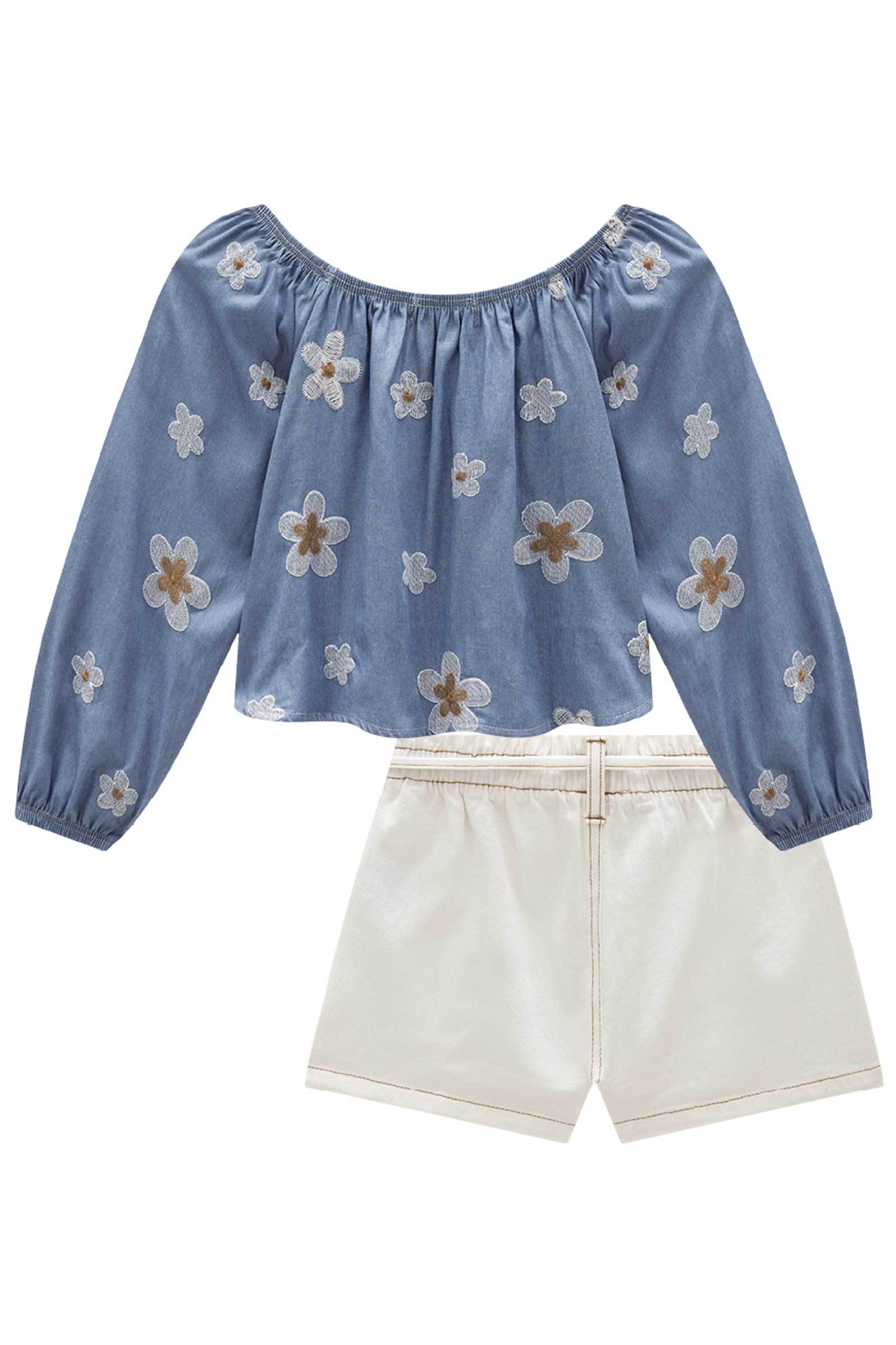 Conjunto de Blusa Boxy em Denim Bordado e Shorts em Sarja com Elastano 79199 Infanti Infantil Menina