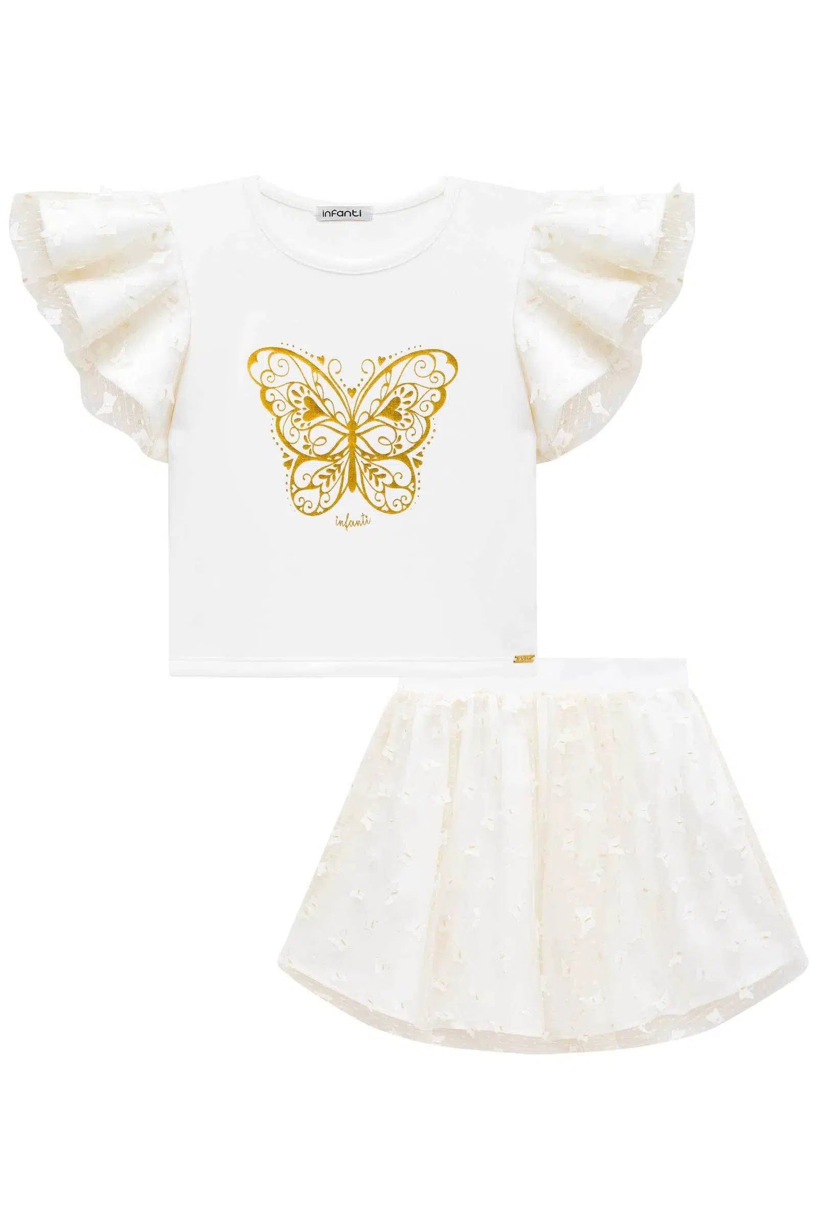 Conjunto de Blusa Boxy em Fly Tech e Tule Borboleta com Saia em Tule Borboleta. 75251 Infanti