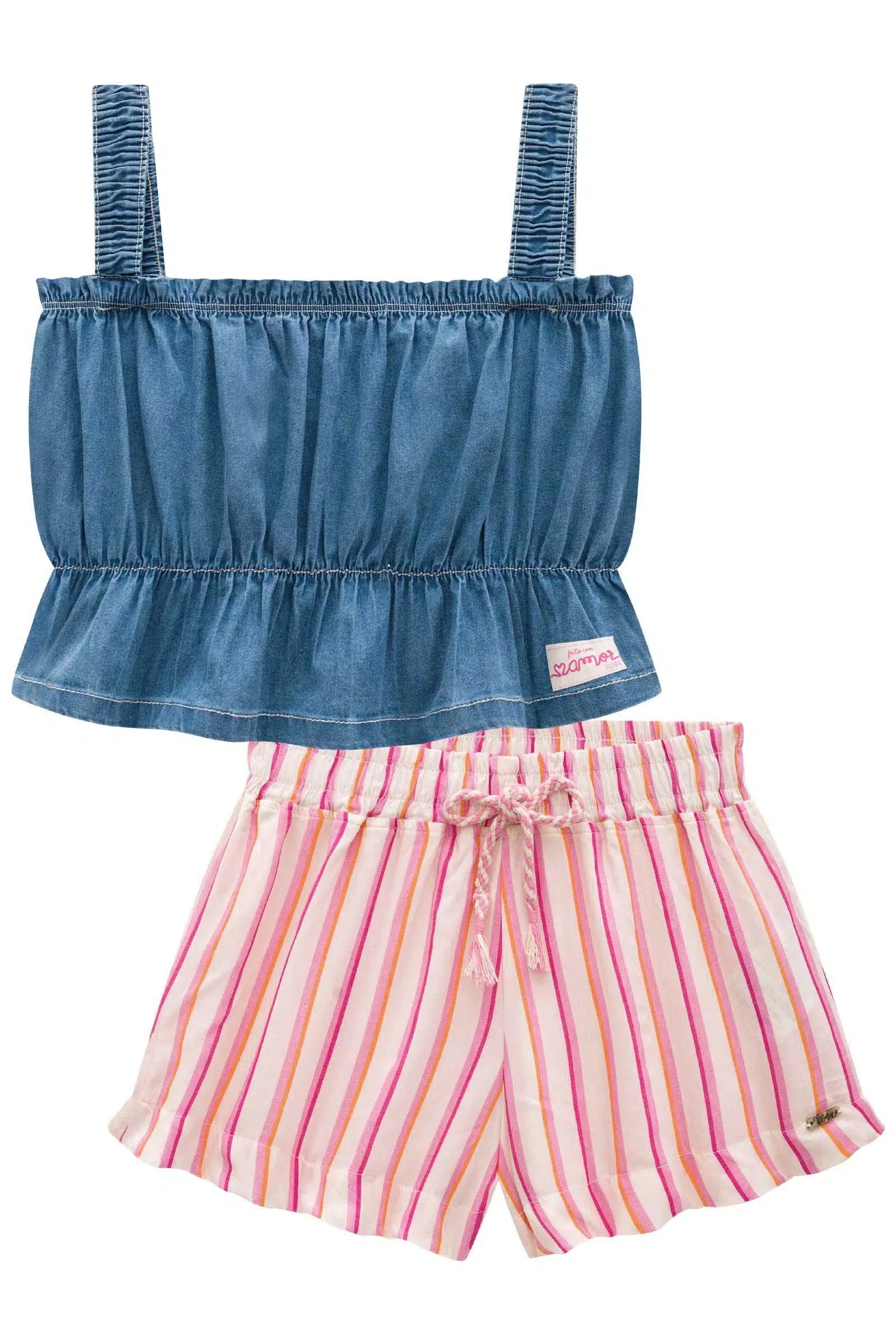 Conjunto de Blusa Boxy em Jeans Liz e Shorts em Viscose 72541 Infanti