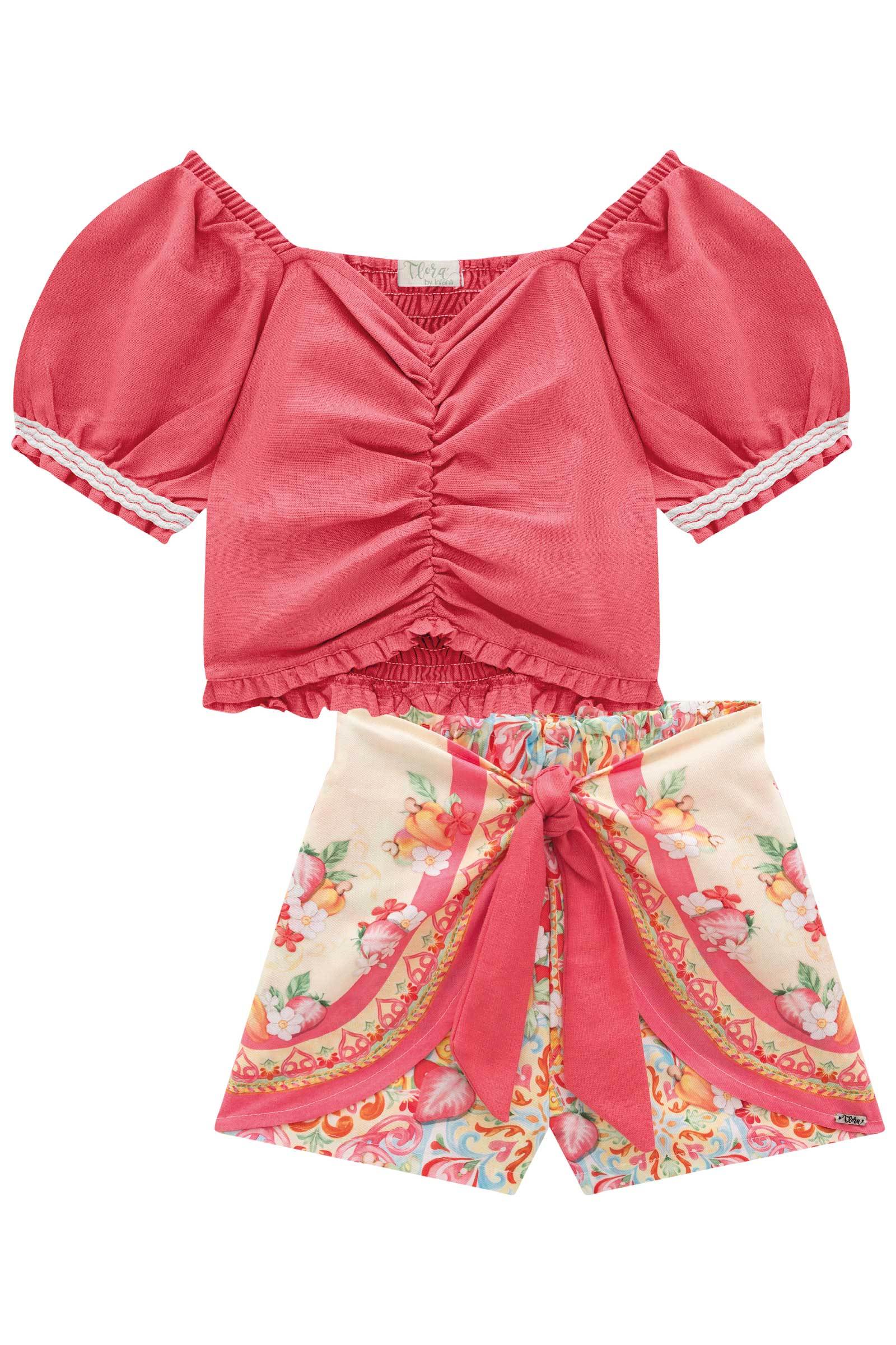 Conjunto de Blusa Boxy em Linho com Shorts em Visco Twill 77052 Infanti