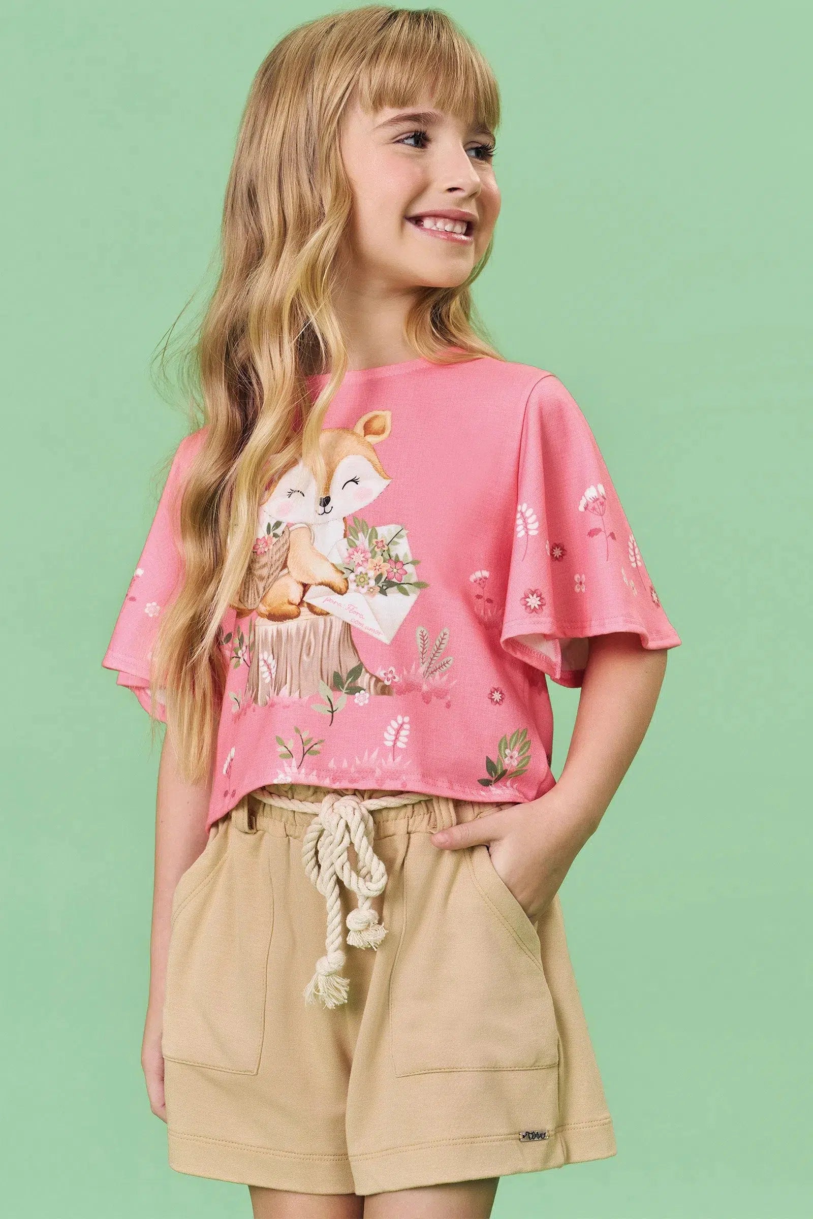 Conjunto Infantil de Blusa Boxy em Malha Fresh com Shorts em Molevisco 81492 Infanti