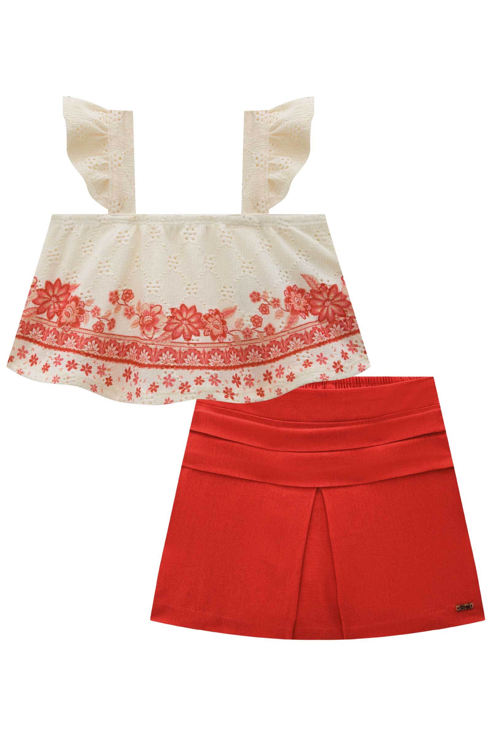 Conjunto de Blusa Boxy em Malha Laise com Short Saia em Linho 77084 Infanti