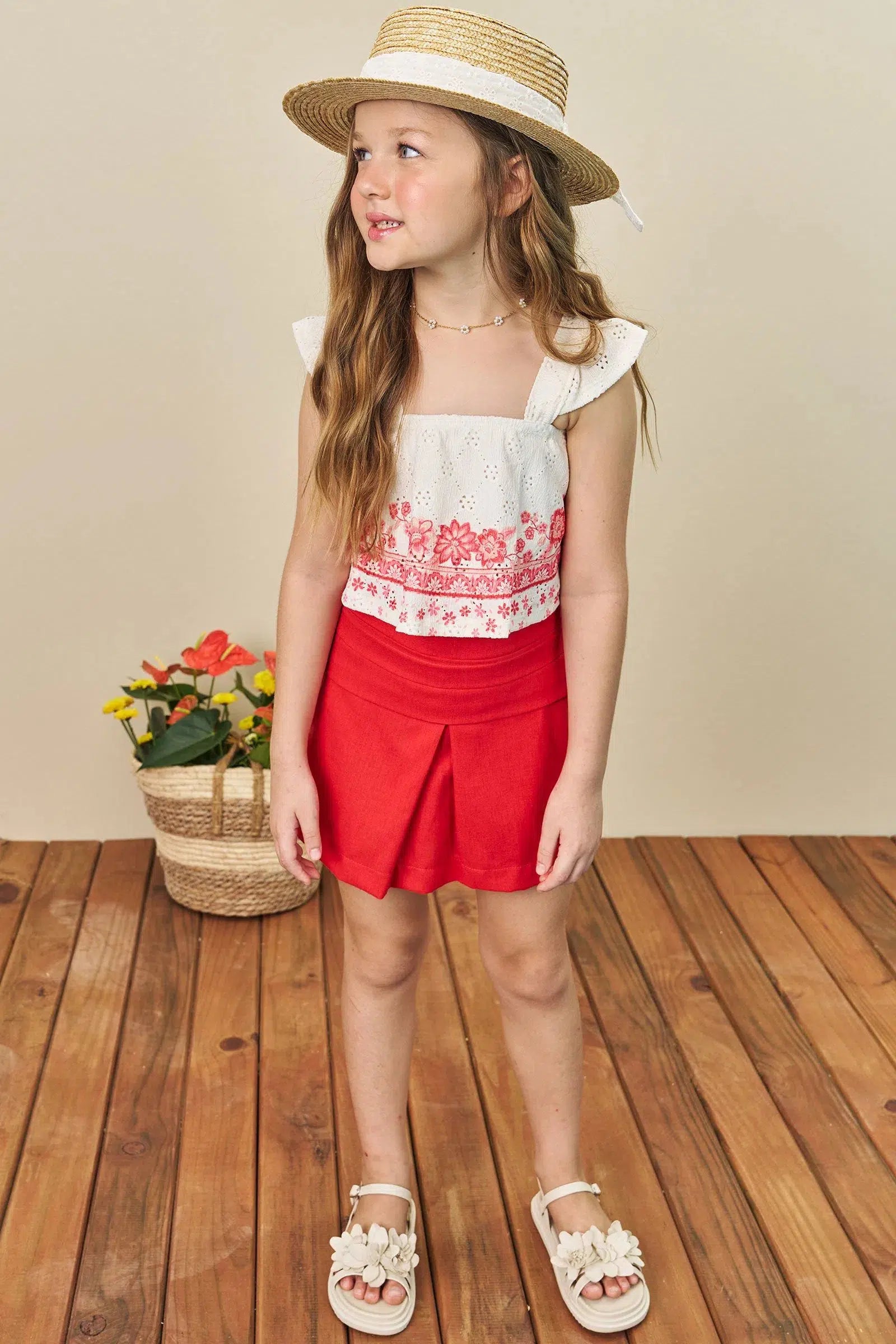 Conjunto de Blusa Boxy em Malha Laise com Short Saia em Linho 77084 Infanti