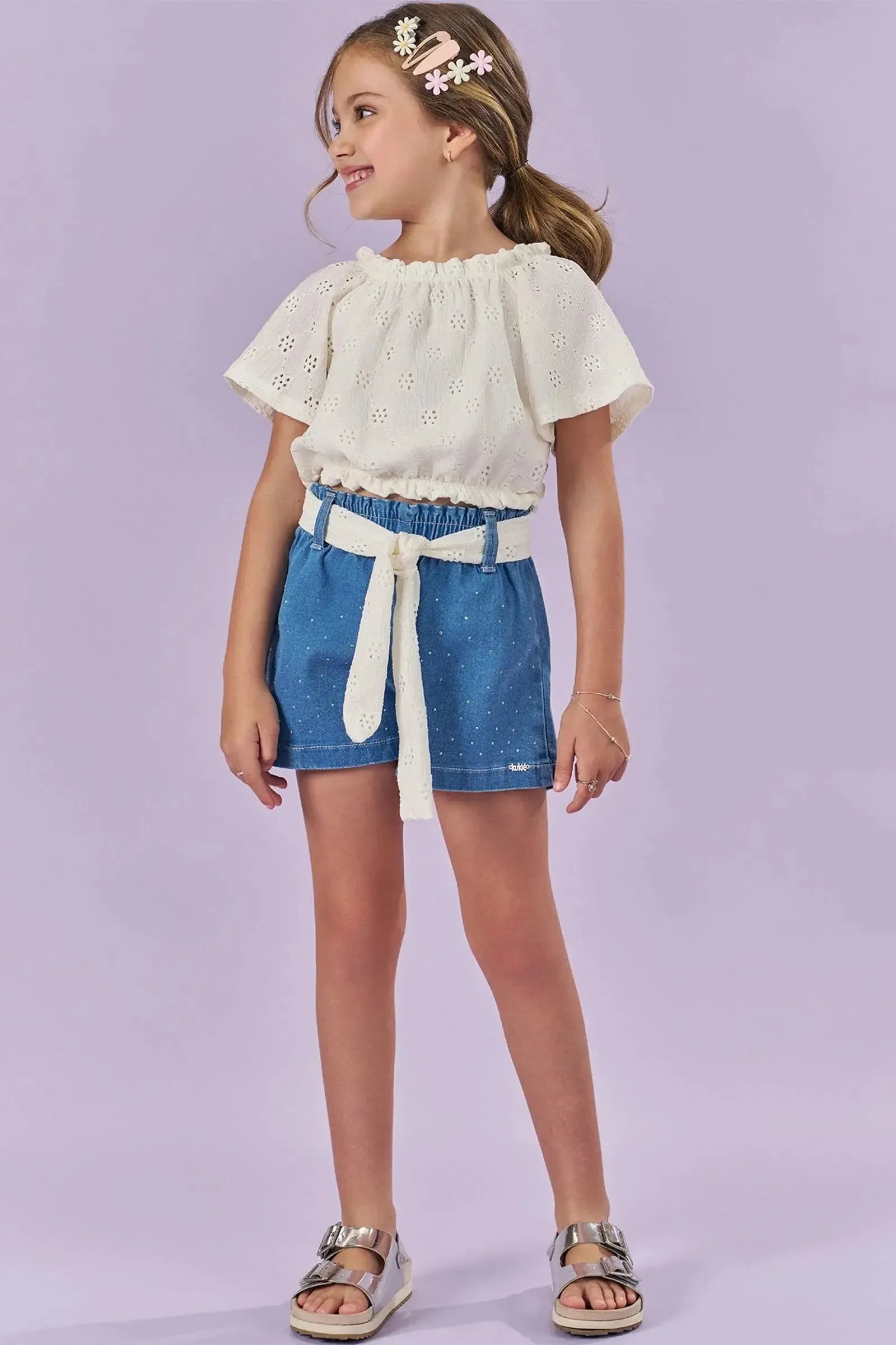 Conjunto de Blusa Boxy em Malha Laise e Shorts em Jeans com Elastano 86760 Kukiê Infantil Menina