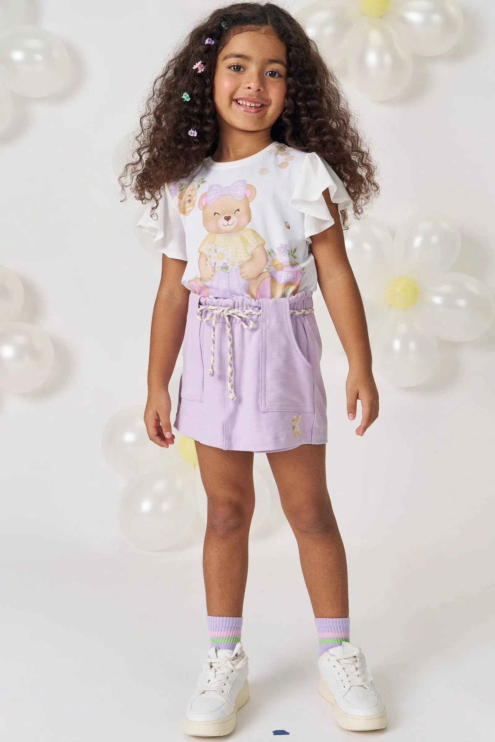 Conjunto Infantil Menina de Blusa Boxy em Malha Power e Short Saia em Molevisco 81597 Kukiê