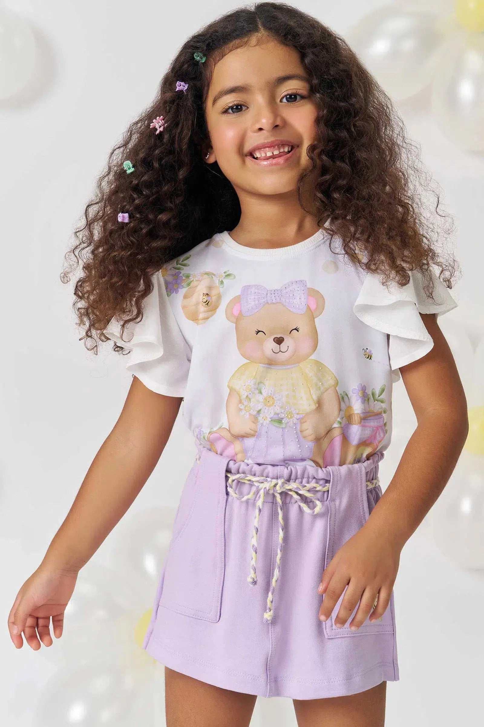 Conjunto Infantil Menina de Blusa Boxy em Malha Power e Short Saia em Molevisco 81597 Kukiê