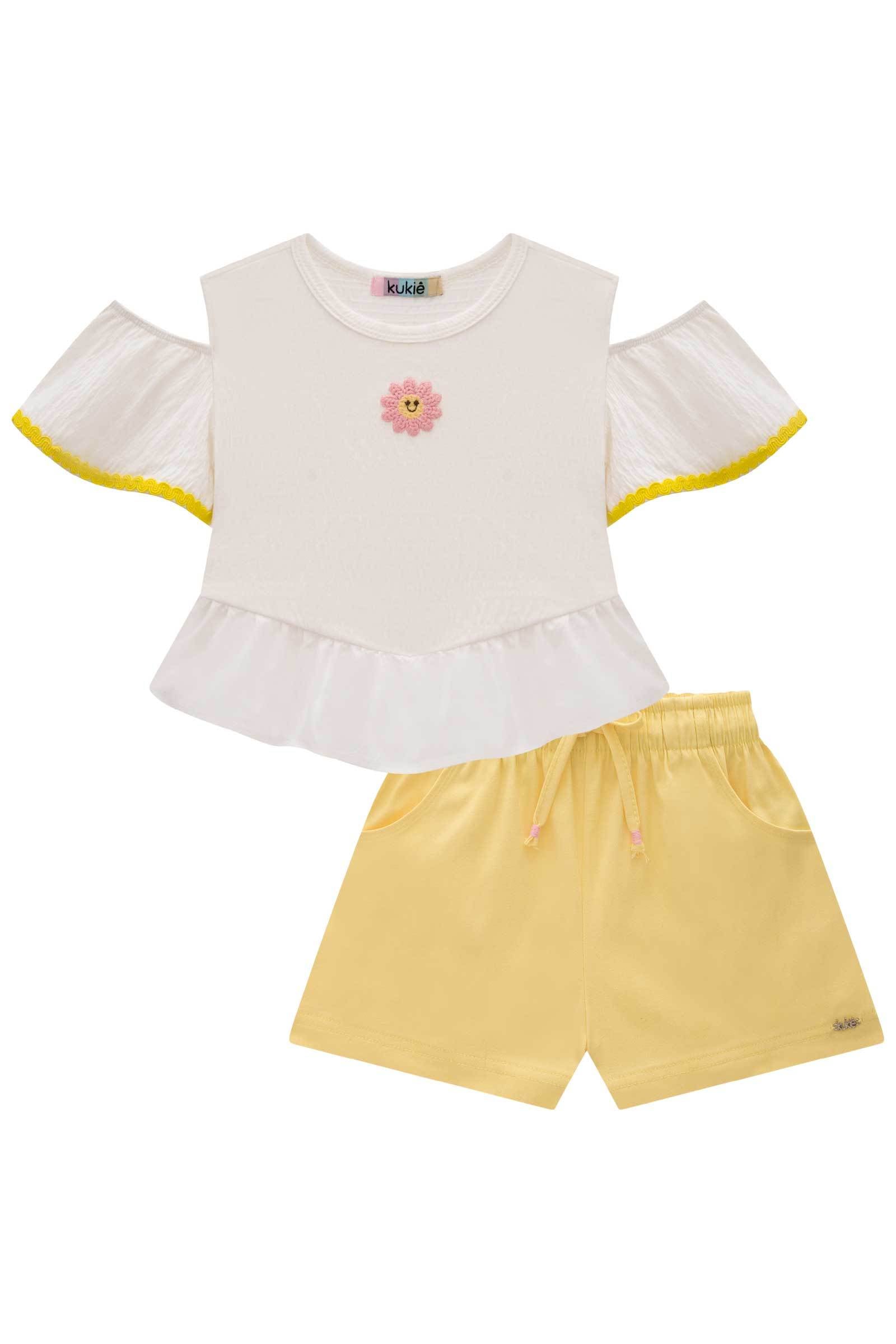 Conjunto de Blusa Boxy em Malha Wave e Shorts em Sarja Ônix com Elastano 77630 Kukiê