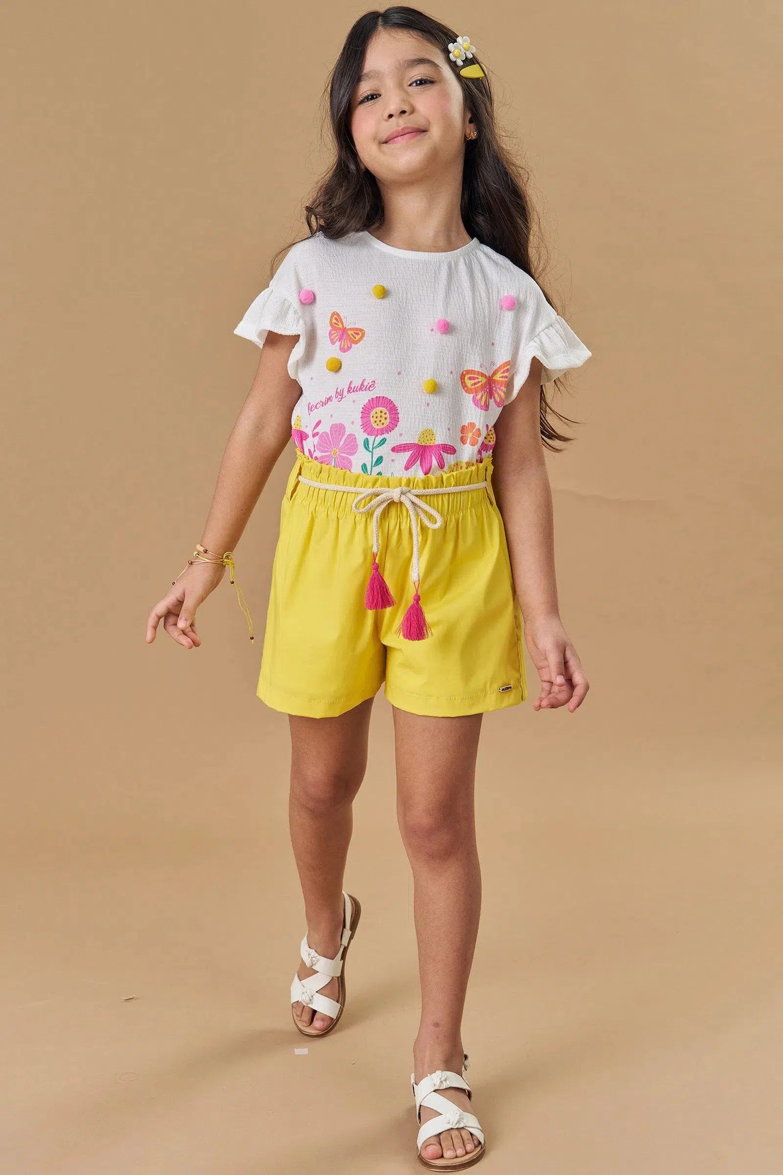 Conjunto Infantil Menina de Blusa Boxy em Malha Wave e Shorts em Tricoline com Elastano 81756 Kukiê