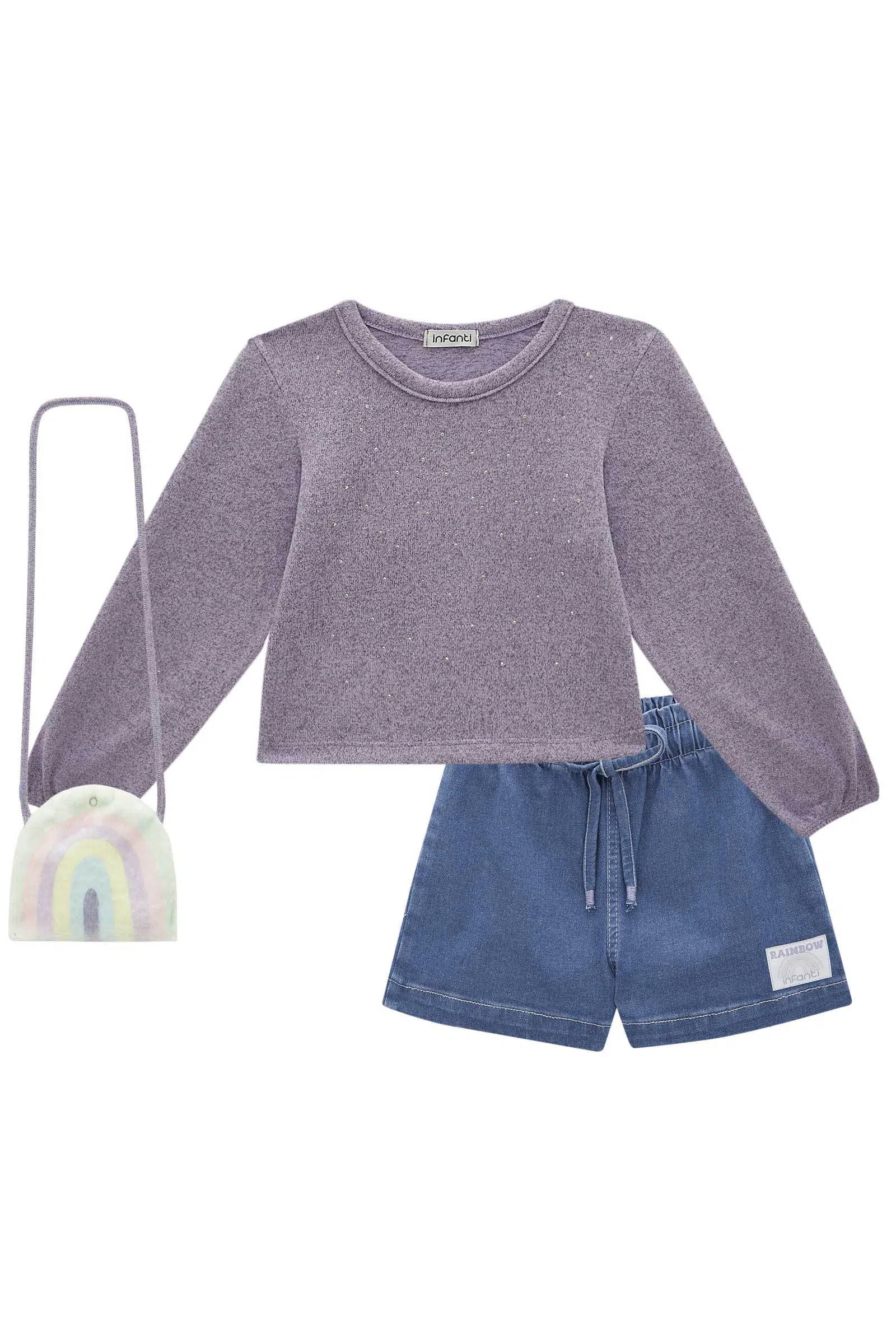 Conjunto de Blusa Boxy em Malha Winter e Shorts em Jeans com Elastano. Acompanha Bolsa Pelo 81214 Infanti Infantil Menina