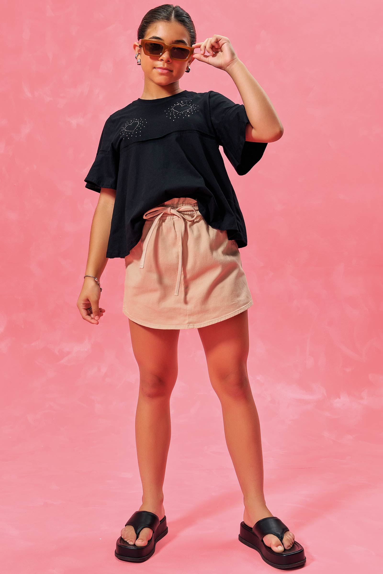 Conjunto de Blusa Boxy em Meia Malha e Short Saia em Sarja com Elastano 77539 Lilimoon