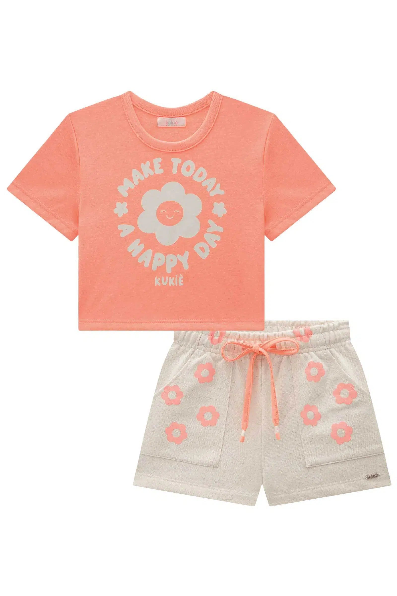 Conjunto Infantil Menina de Blusa Boxy em Meia Malha e Shorts em Moletom Linho 81573 Kukiê