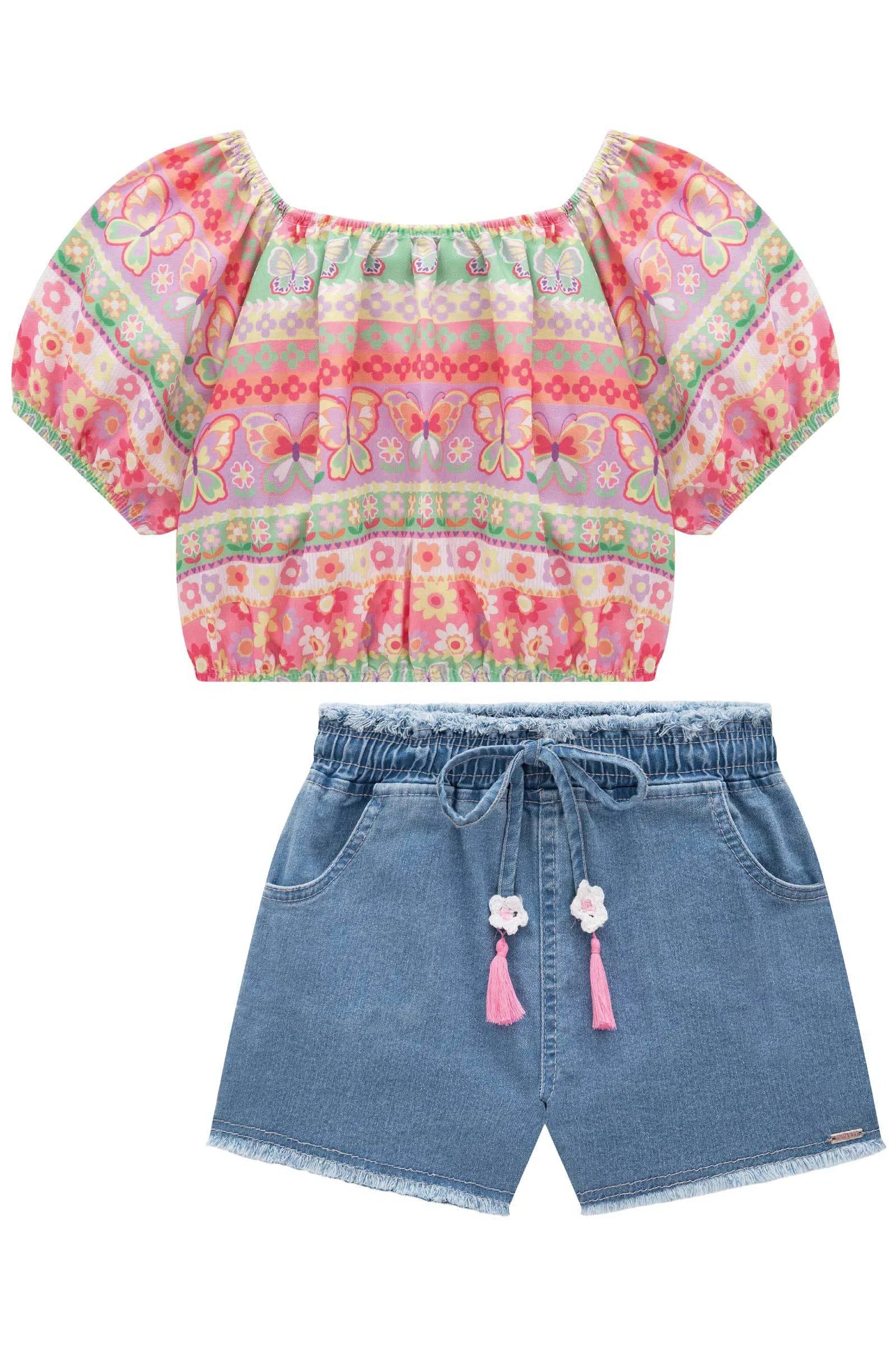 Conjunto de Blusa Boxy em Tecido Sarjado com Shorts em Jeans Bellini com Elastano 75688 Infanti