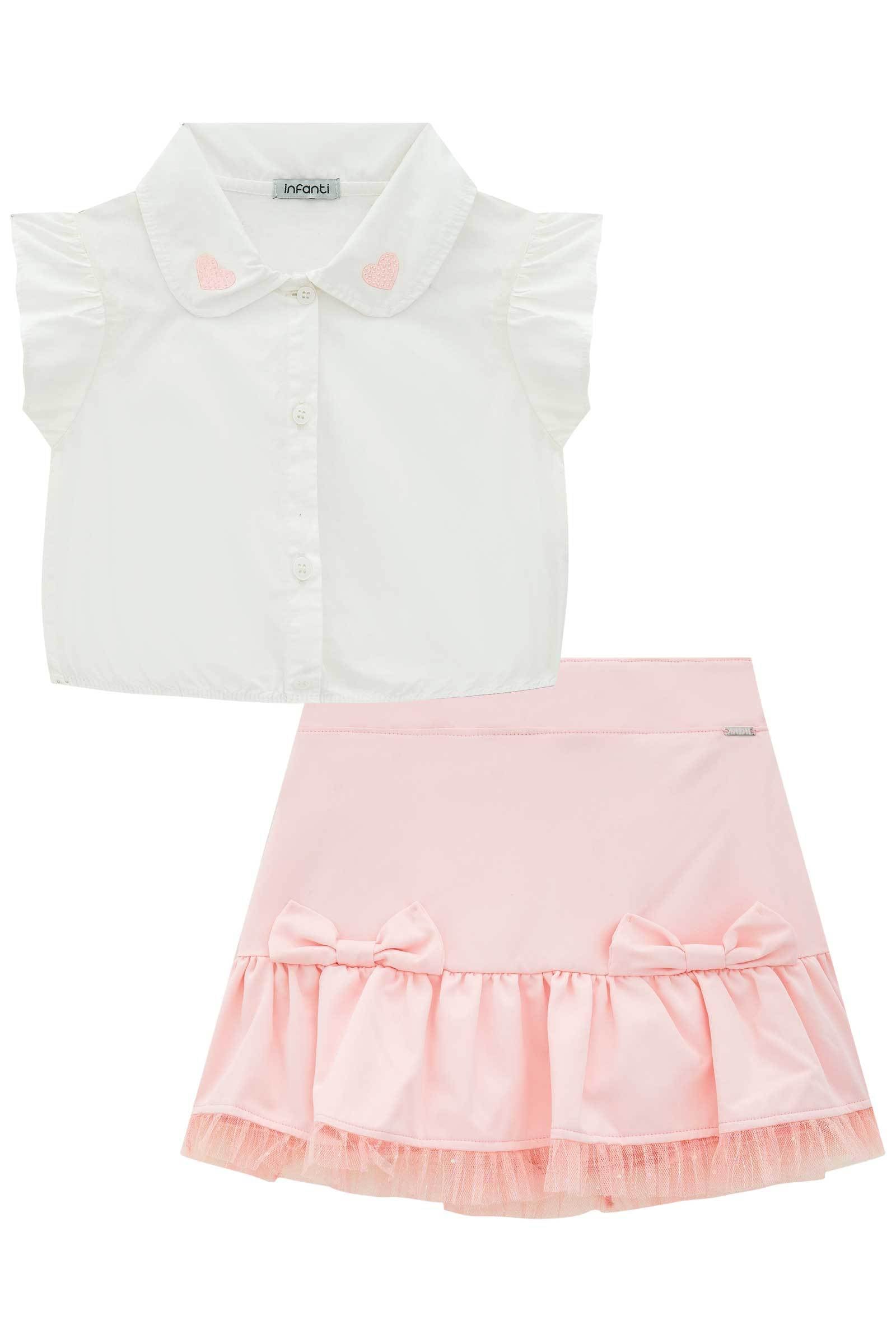 Conjunto de Blusa Boxy em Tricoline e Saia em Super Cetim. Com Shorts Embutido 77900 Infanti