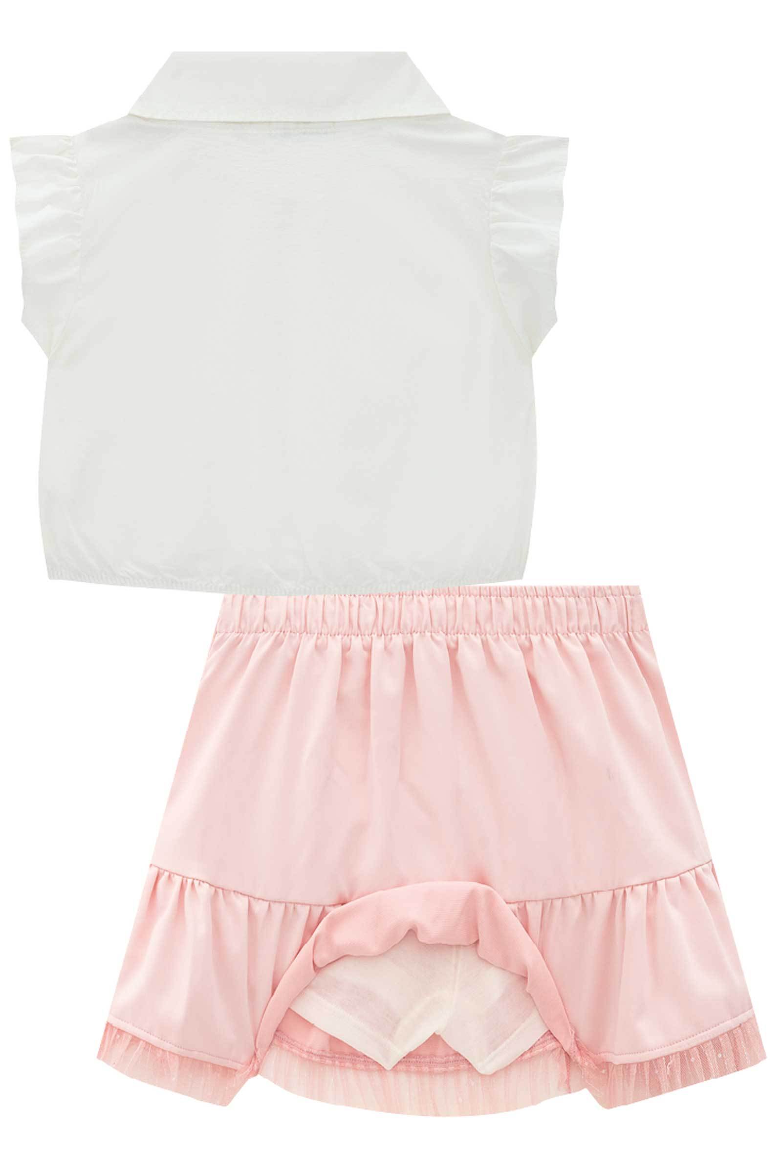 Conjunto de Blusa Boxy em Tricoline e Saia em Super Cetim. Com Shorts Embutido 77900 Infanti