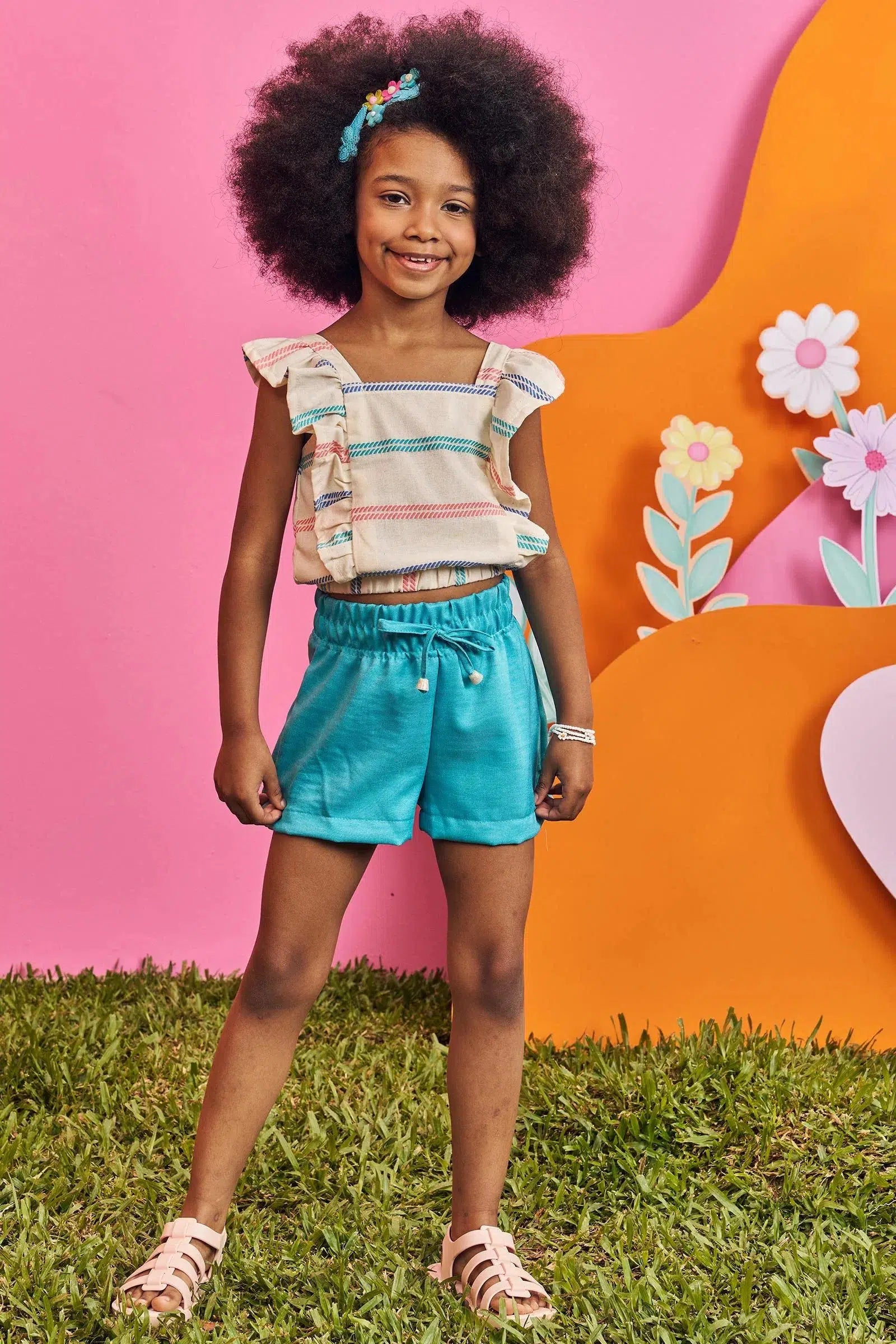 Conjunto de Blusa Boxy em Tricoline Maquinetado e Shorts em Air Flow 73922 Kukiê