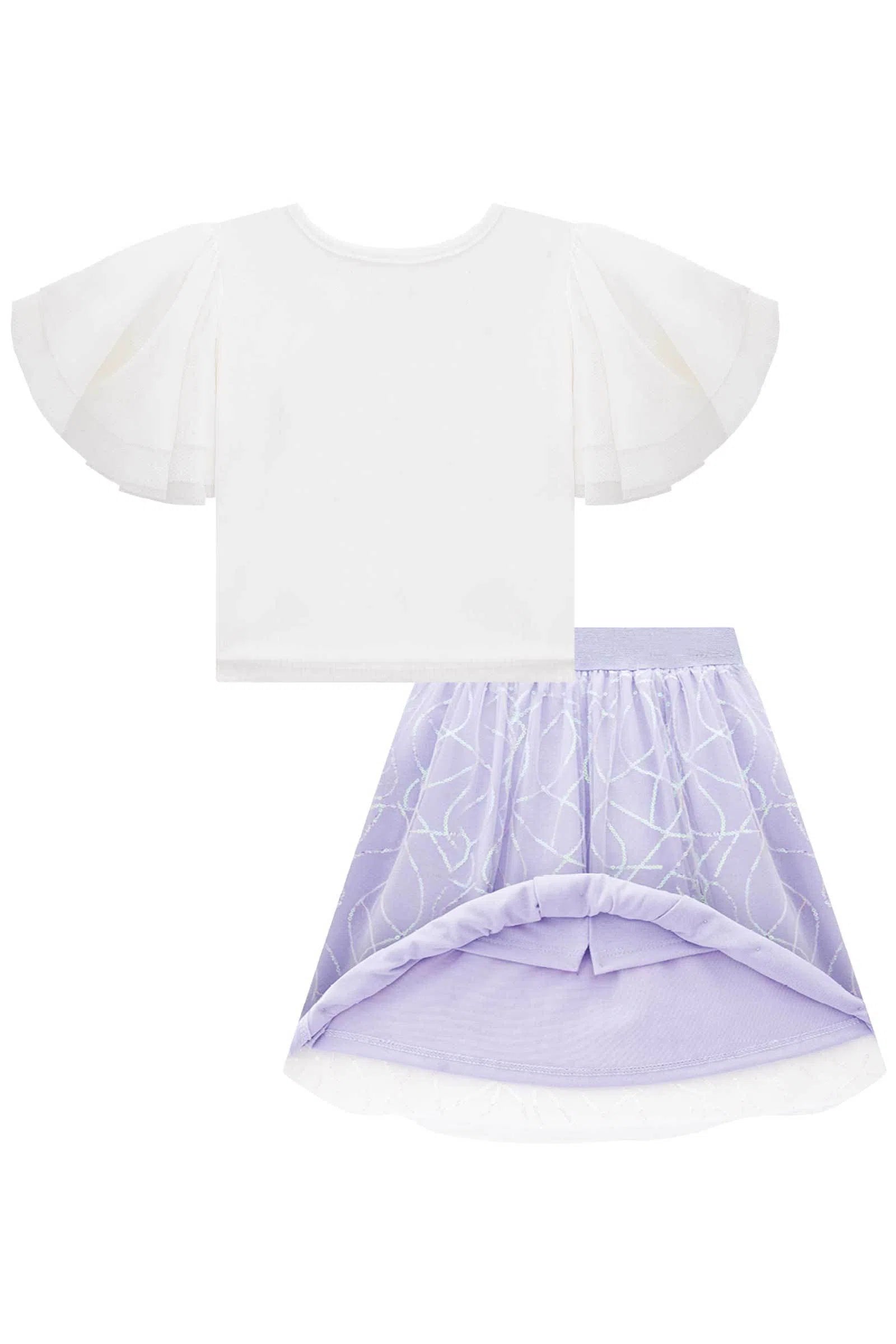 Conjunto de Blusa Boxy em Tule e Saia em Tule Paetê (com Shorts Embutido) 75098 Kukiê