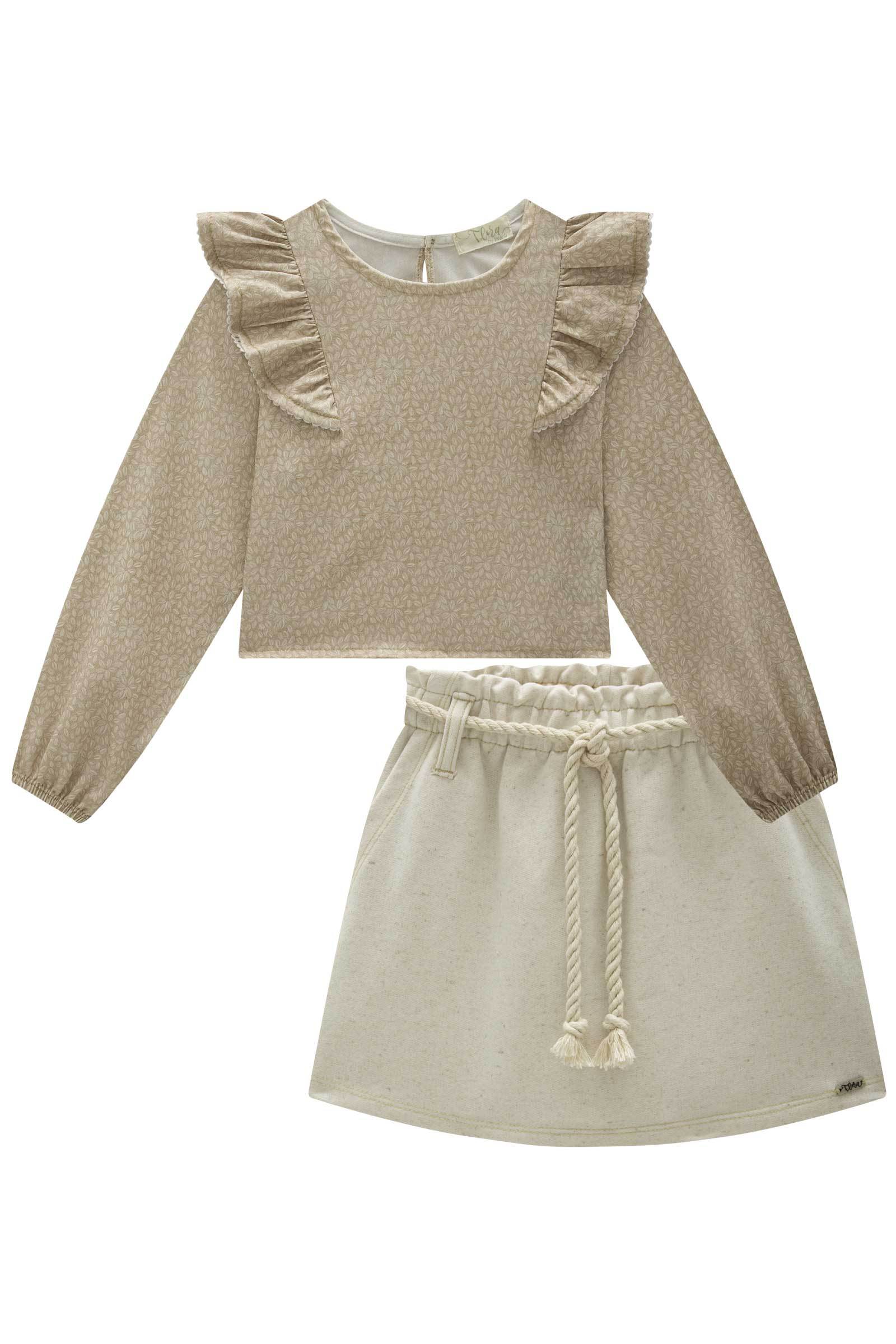 Conjunto de Blusa Boxy em Visco Twill com Short Saia em Moletom sem Pelúcia 80087 Infanti Infantil Menina