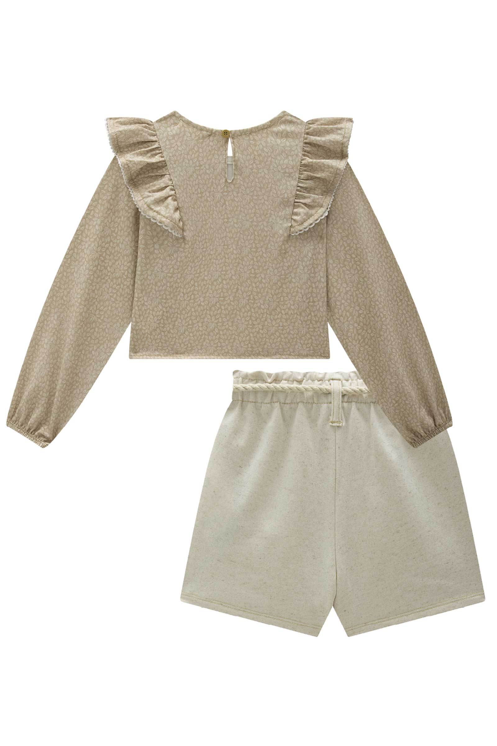 Conjunto de Blusa Boxy em Visco Twill com Short Saia em Moletom sem Pelúcia 80087 Infanti Infantil Menina