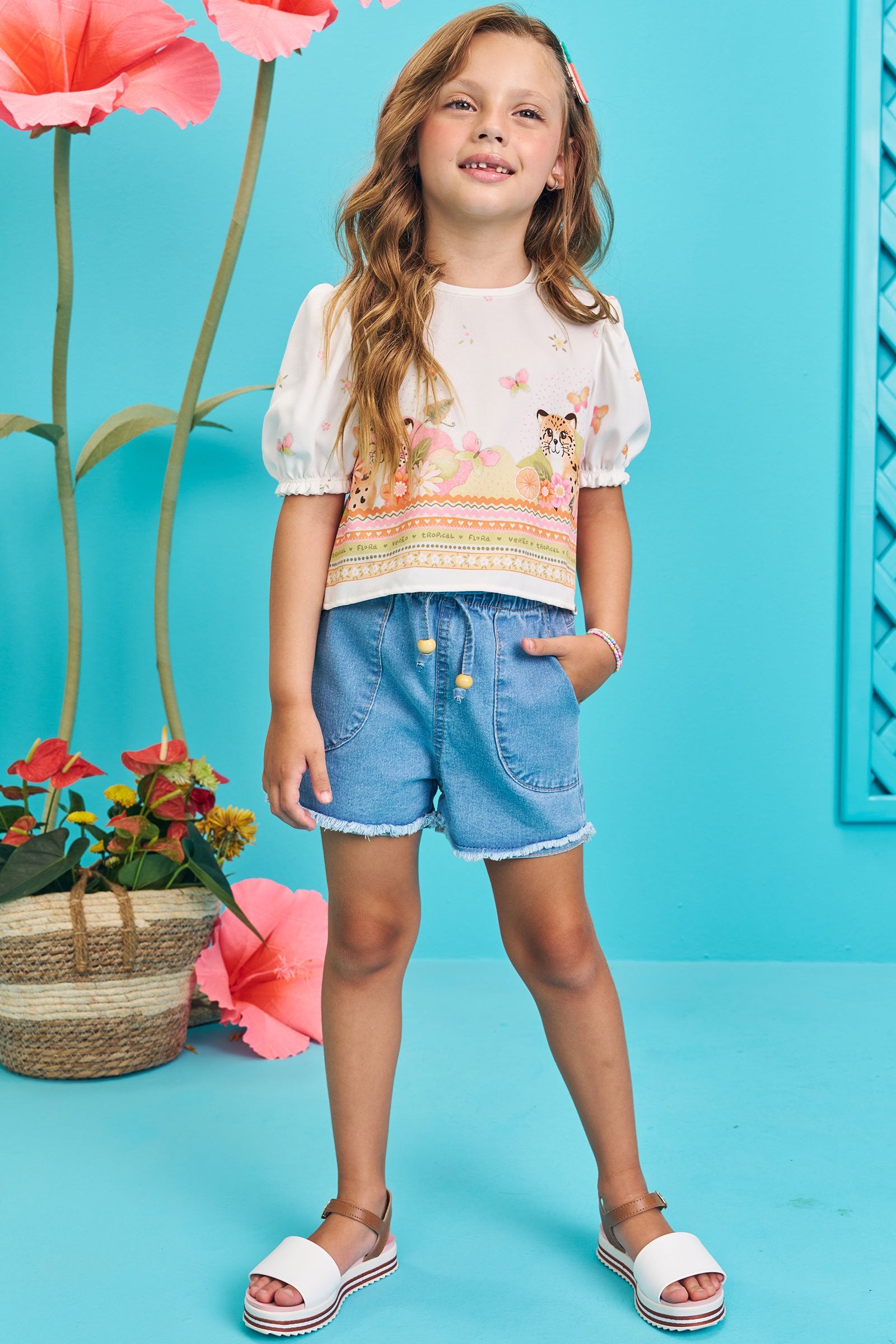 Conjunto de Blusa Boxy em Visco Twill com Shorts em Jeans Bellini com Elastano 77079 Infanti