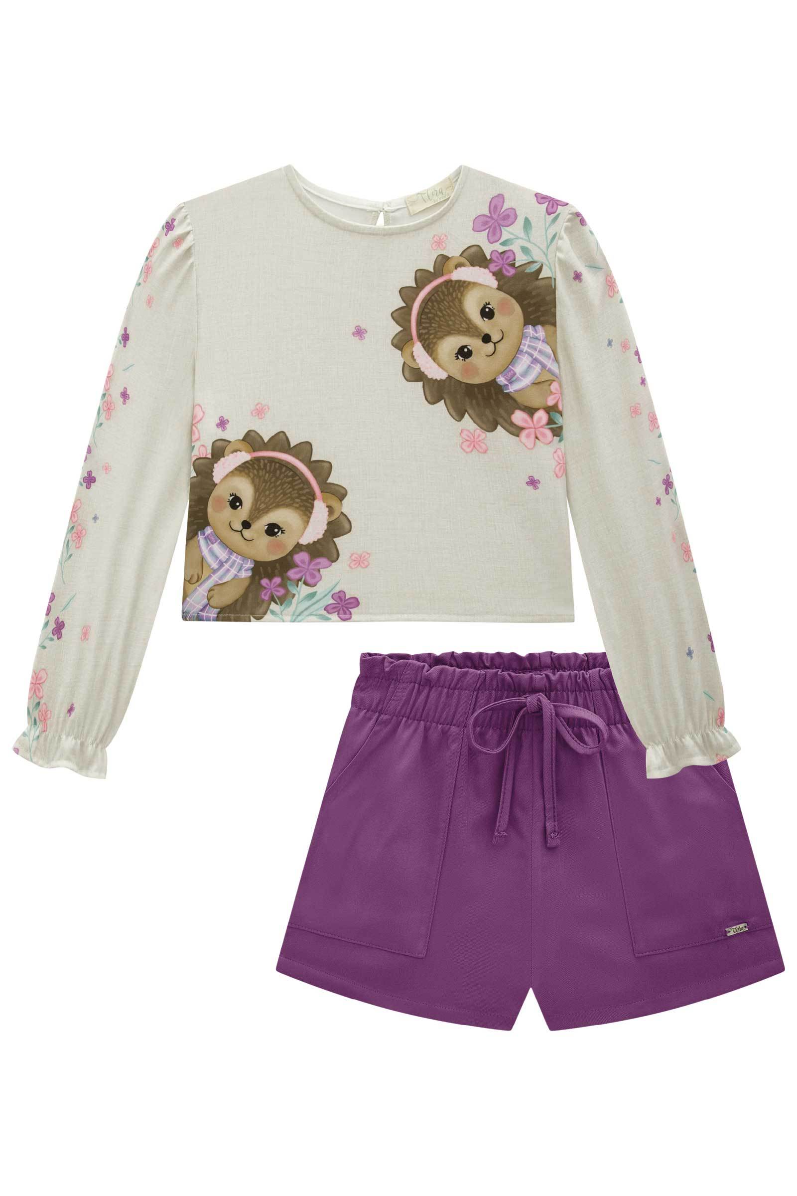 Conjunto de Blusa Boxy em Visco Twill com Shorts em Viscose Rayon 79586 Infanti Infantil Menina