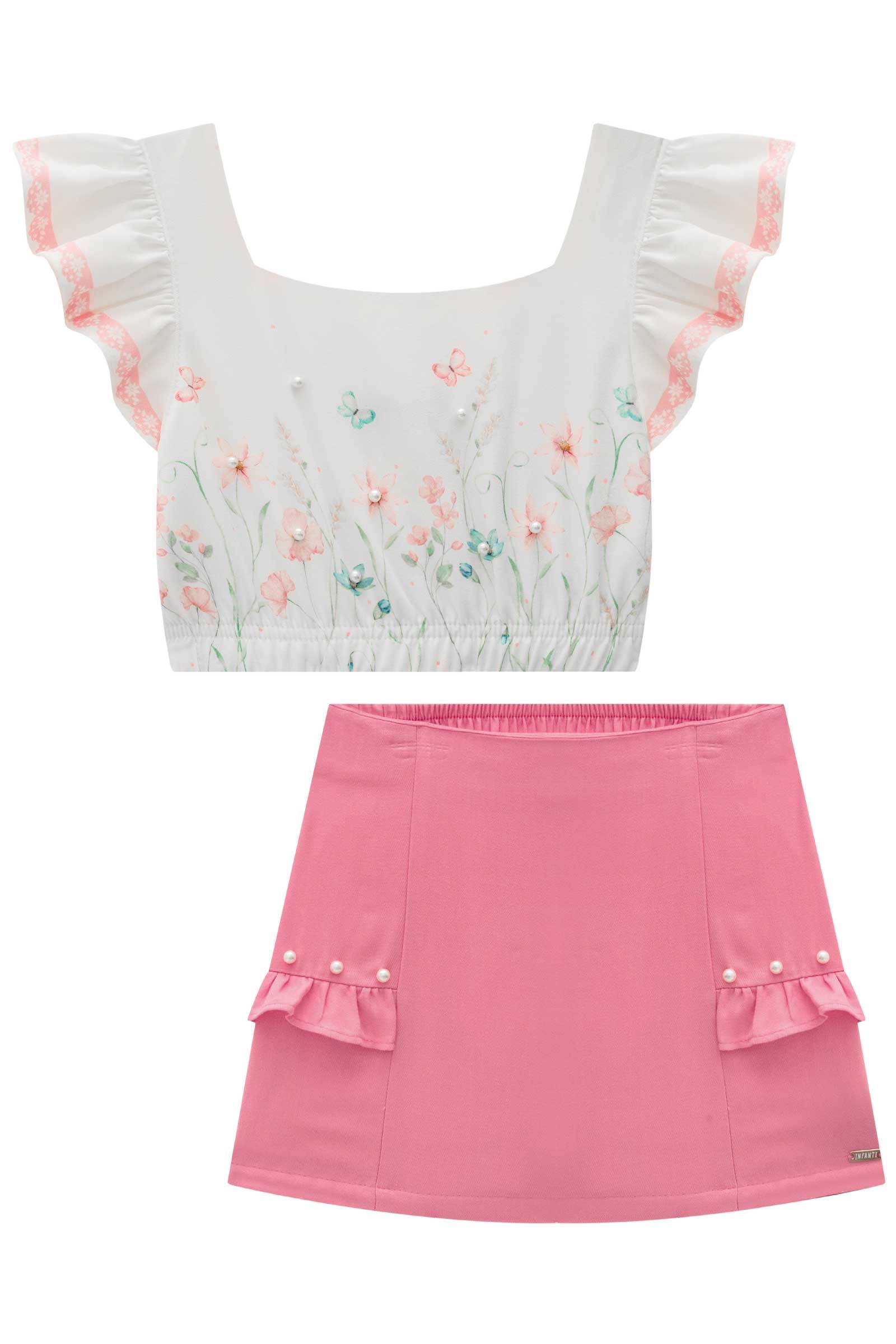 Conjunto de Blusa Boxy em Visco Twill e Saia em Twill Raion. Com Shorts Embutido 77906 Infanti