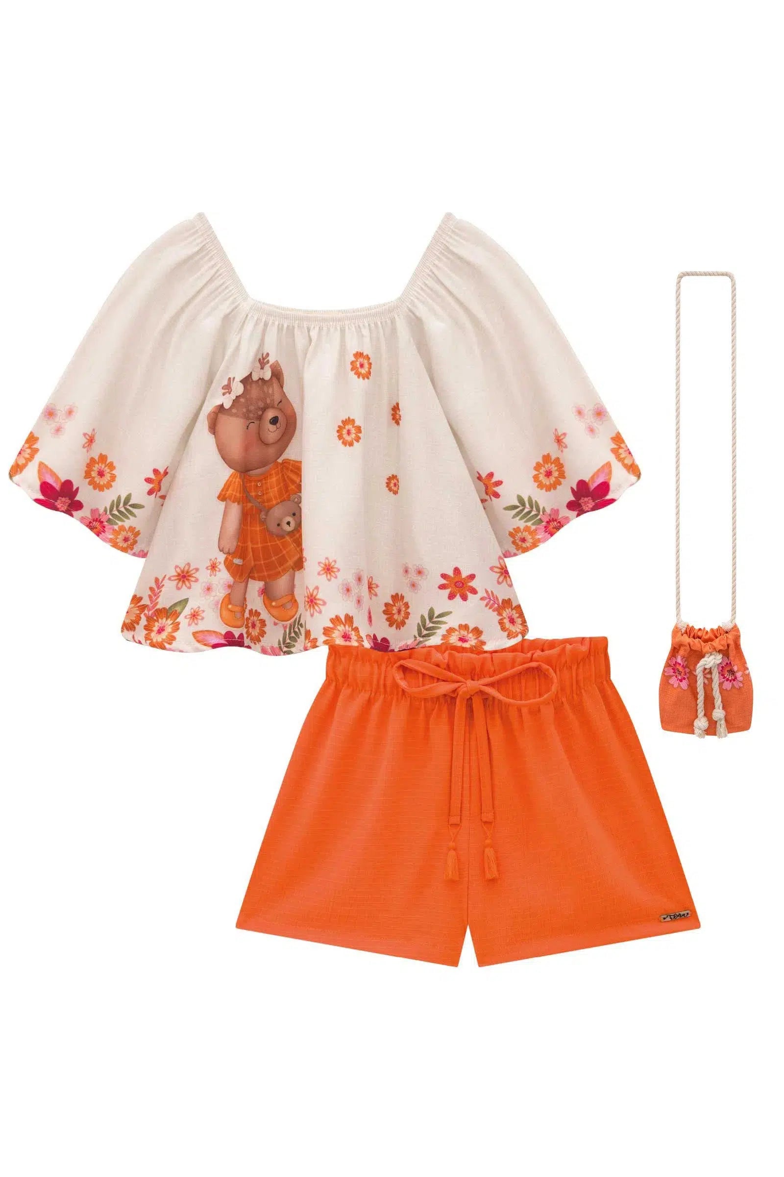 Conjunto Infantil de Blusa Boxy em Visco Twill e Shorts em Air Flow. Acompanha Bolsa 81510 Infanti