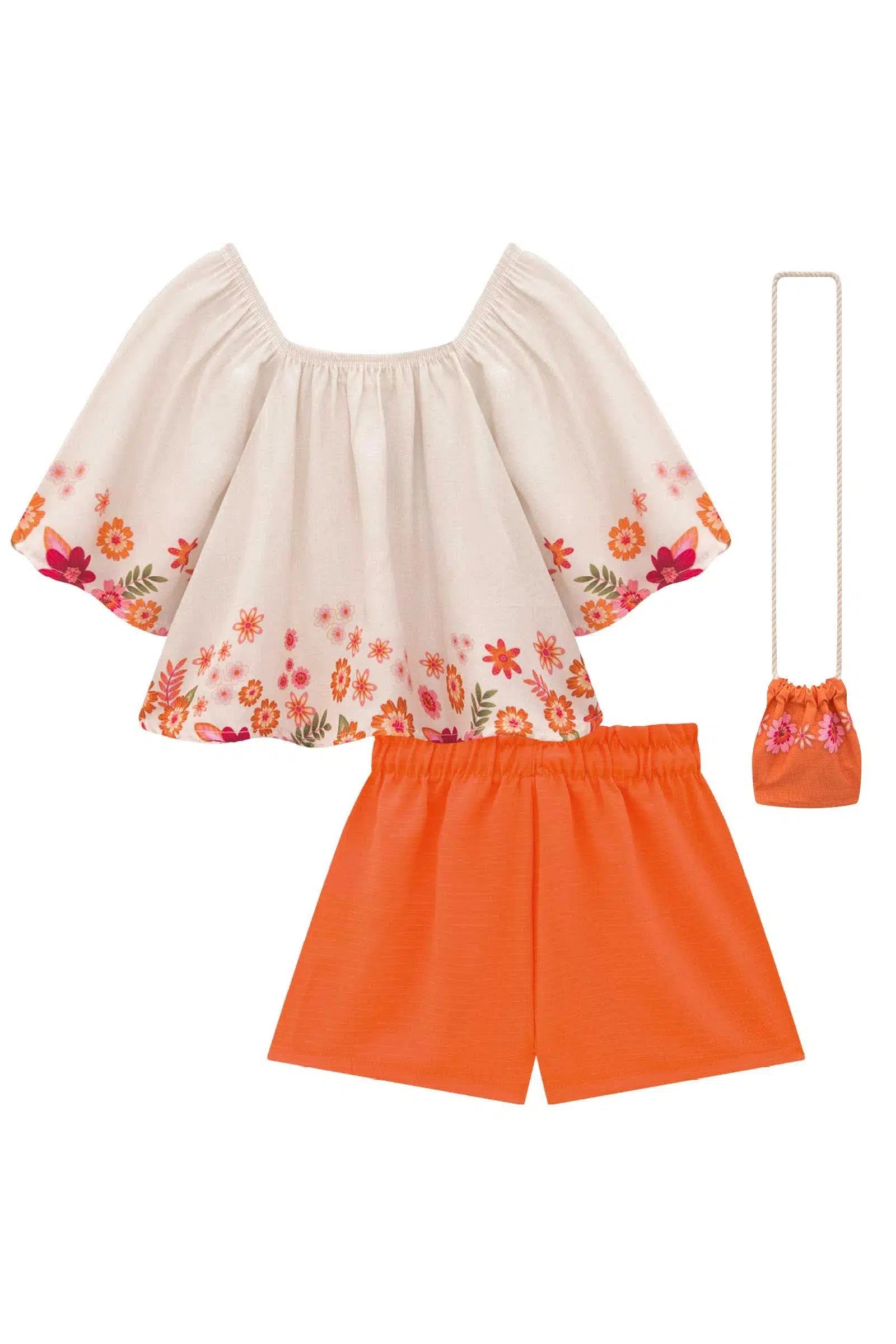 Conjunto Infantil de Blusa Boxy em Visco Twill e Shorts em Air Flow. Acompanha Bolsa 81510 Infanti