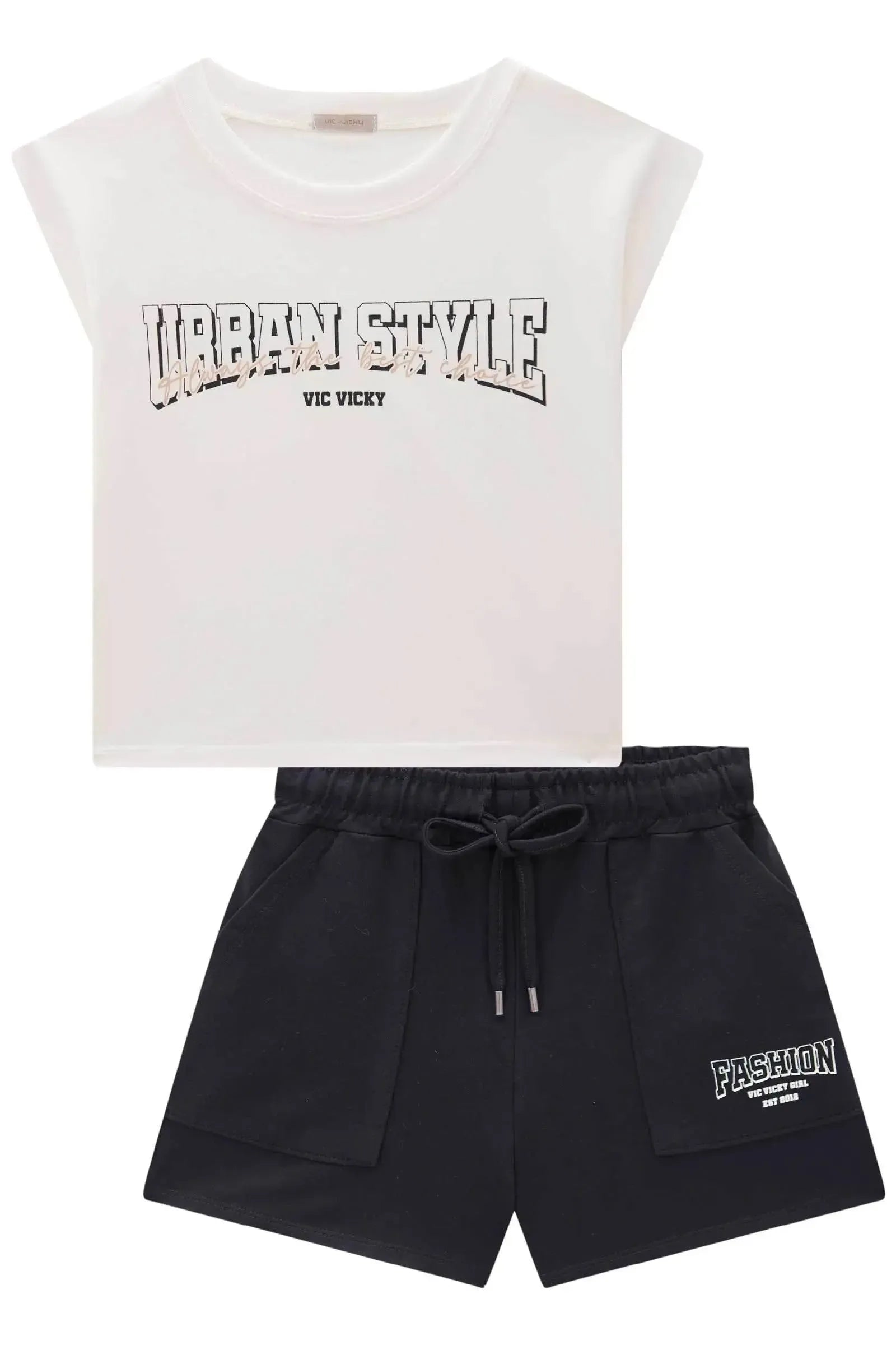 Conjunto de Blusa Boxy Muscle em Meia Malha e Shorts em Molevisco 84927 Vic&Vicky Teen Menina