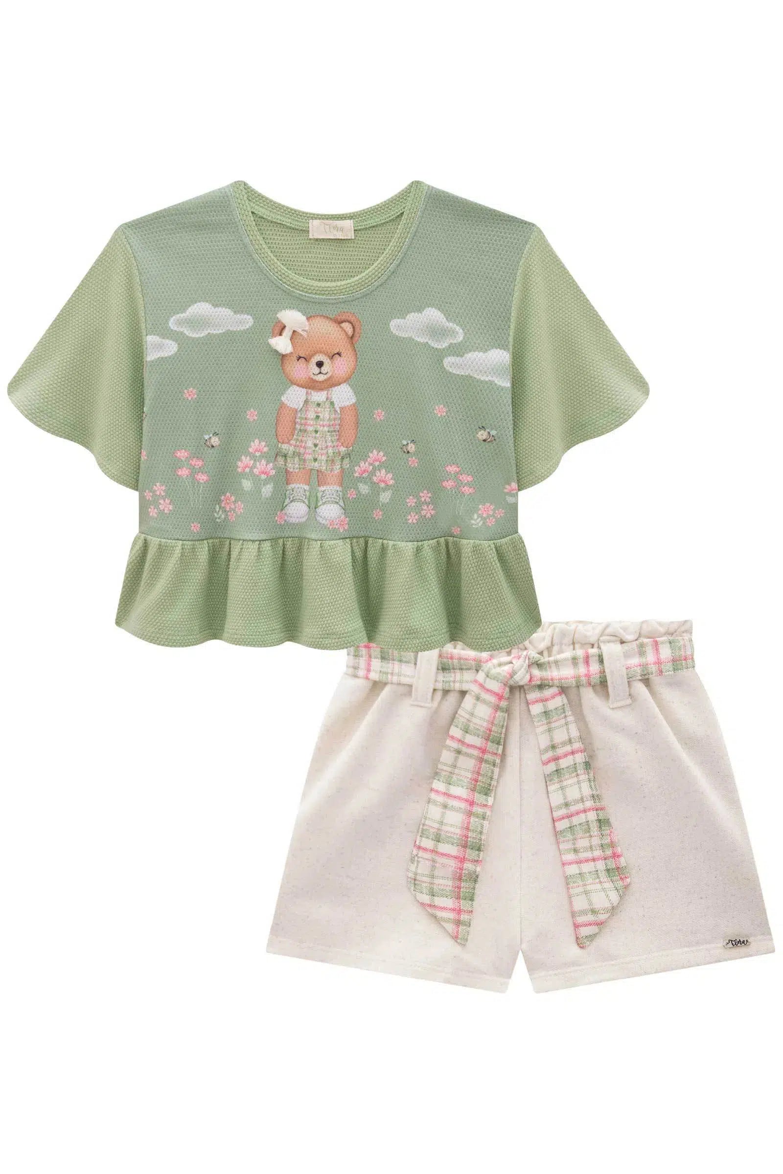 Conjunto Infantil de Blusa Boxy Over em Malha Bee com Shorts em Moletom sem Pelúcia 81489 Infanti