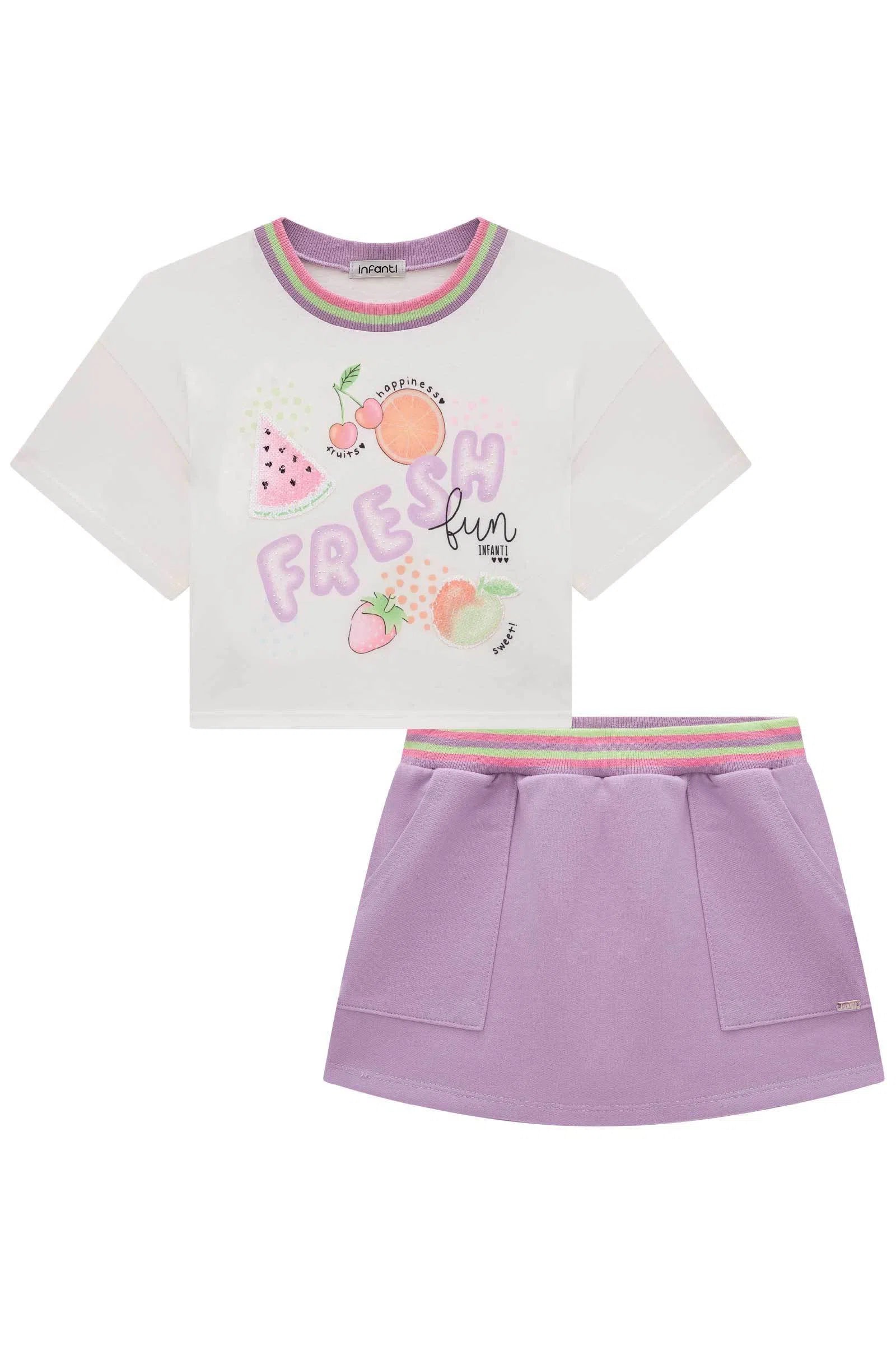 Conjunto de Blusa Boxy Over em Meia Malha com Short Saia em Moletom sem Pelúcia 75680 Infanti