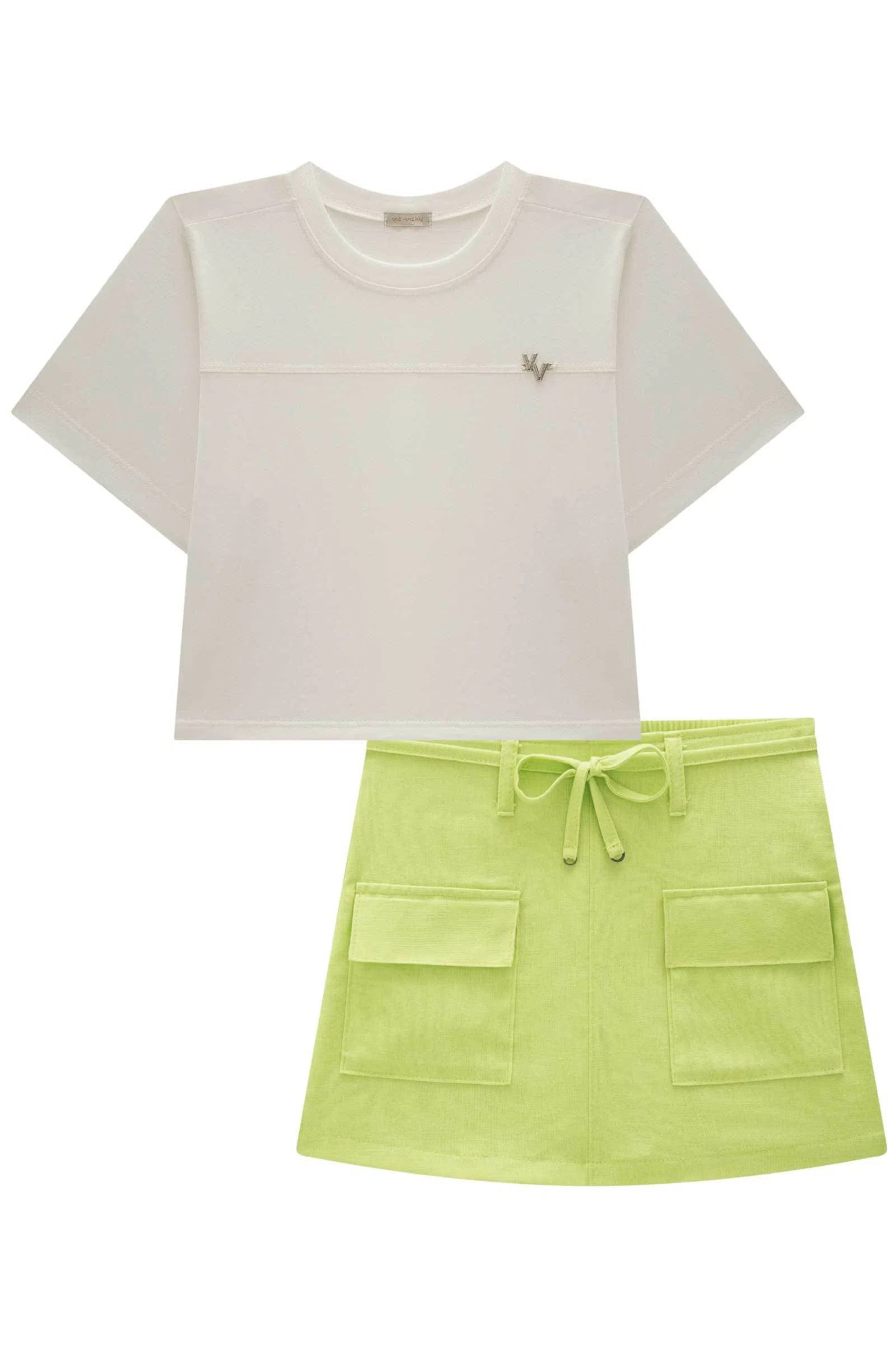 Conjunto de Blusa Boxy Over em Meia Malha e Short Saia em Linho 82700 Vic&Vicky