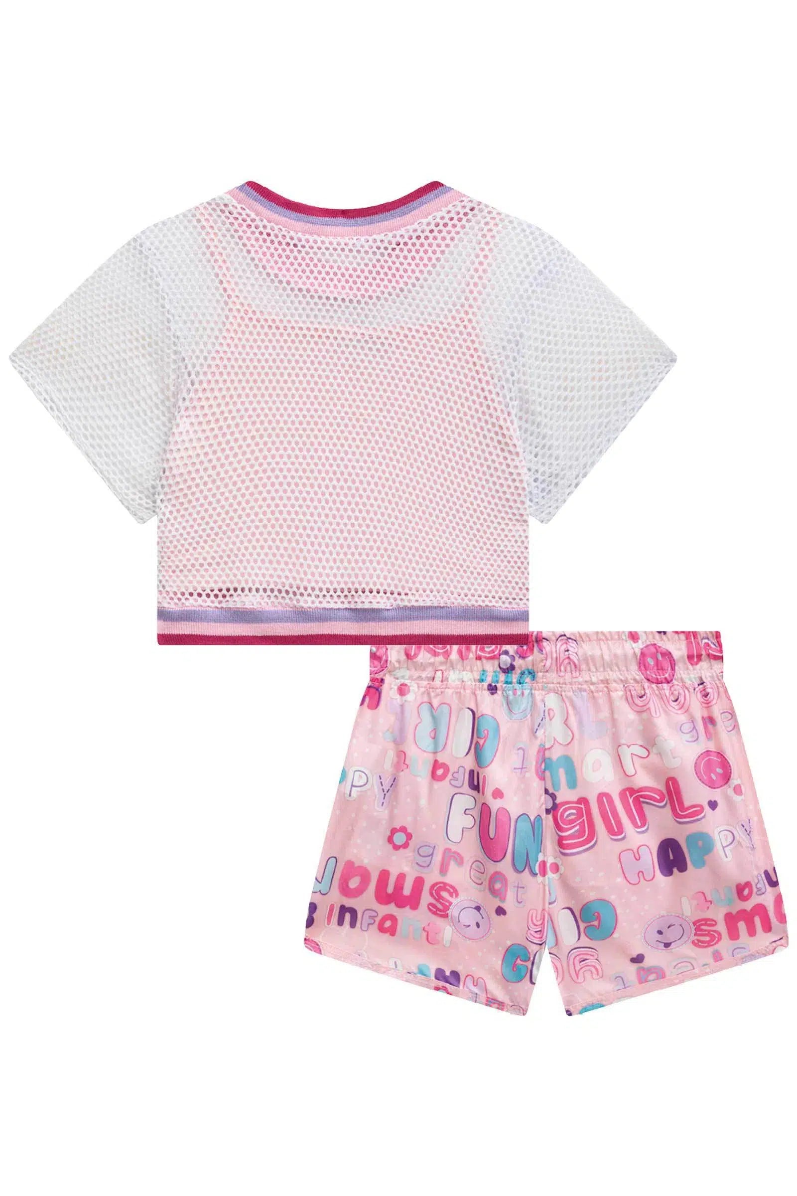 Conjunto de Blusa Boxy Over em Tela e Top Cropped em Cotton e Shorts em Nylon Reflect 72789 Infanti