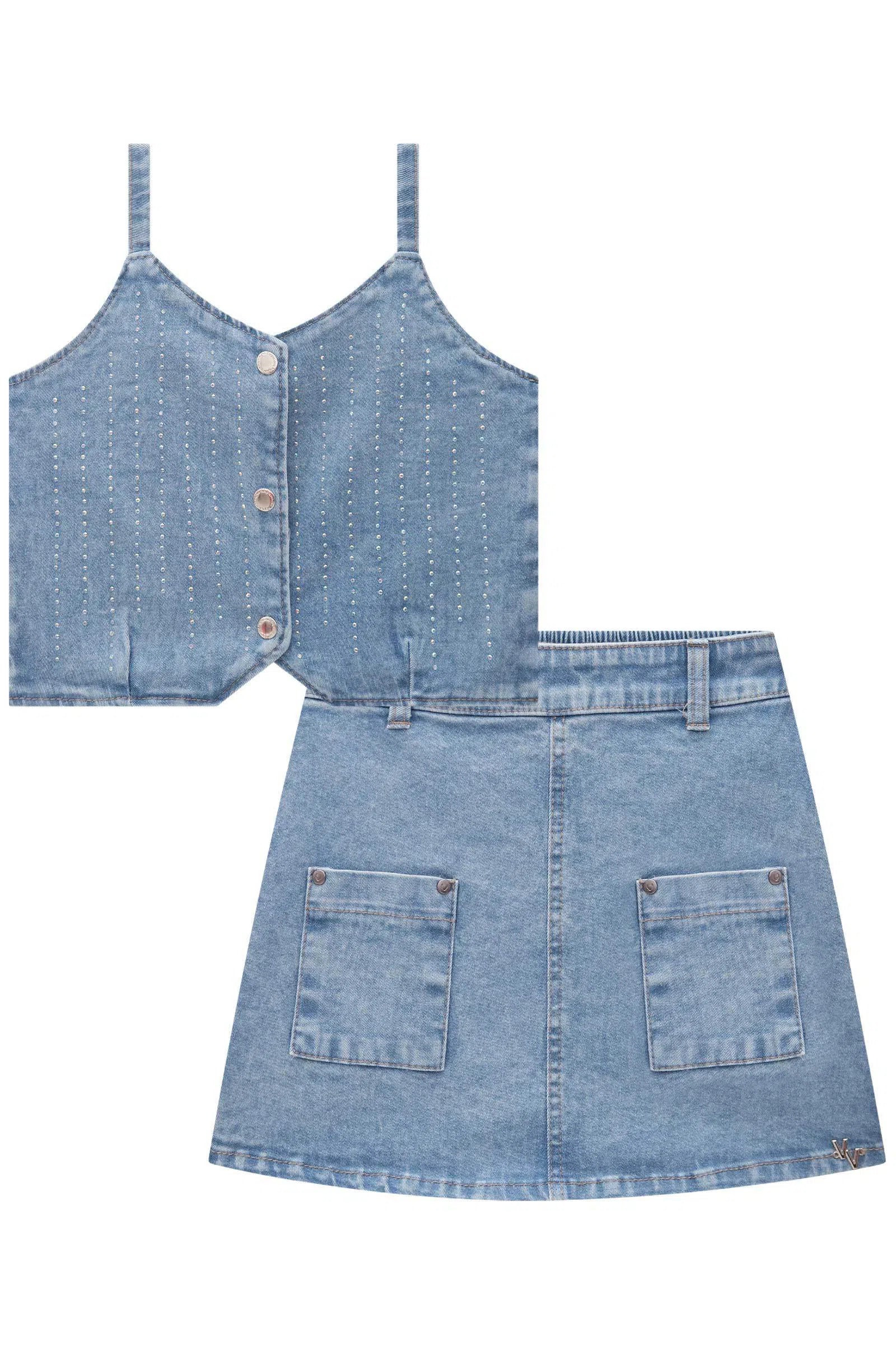 Conjunto Teen Menina de Blusa Cropped e Saia em Jeans com Elastano 81446 Vic&Vicky